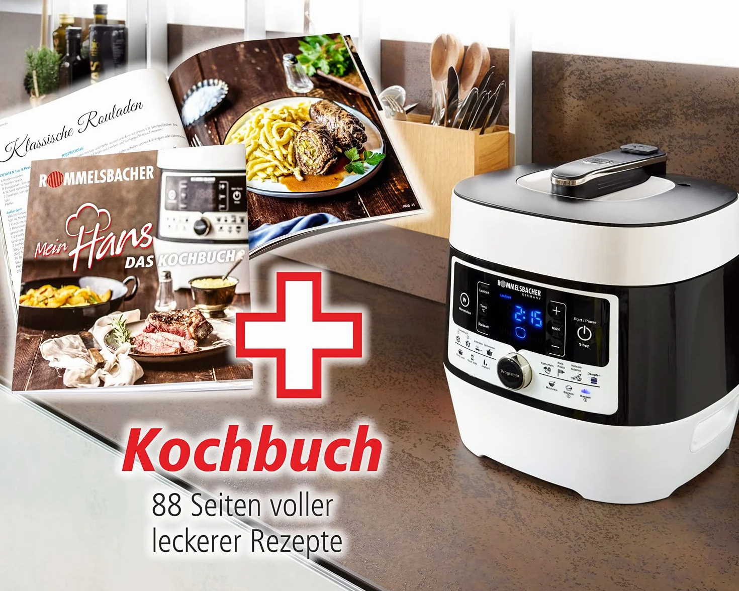 ROMMELSBACHER MD 1000 MeinHans elektryczny ciśnieniomierz parowy – oryginał – 14 automatycznych programów, regulacja w zakresie od 40°C do 170°C, 2 poziomy ciśnienia pary, garnek 6 litrów z powłoką