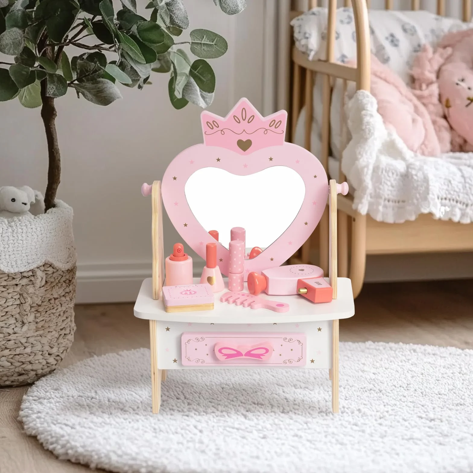 WOODENFUN Drewniana toaletka dla dziewczynek z akrylową szufladą i lustrem 360° 7 sztuk różowa
