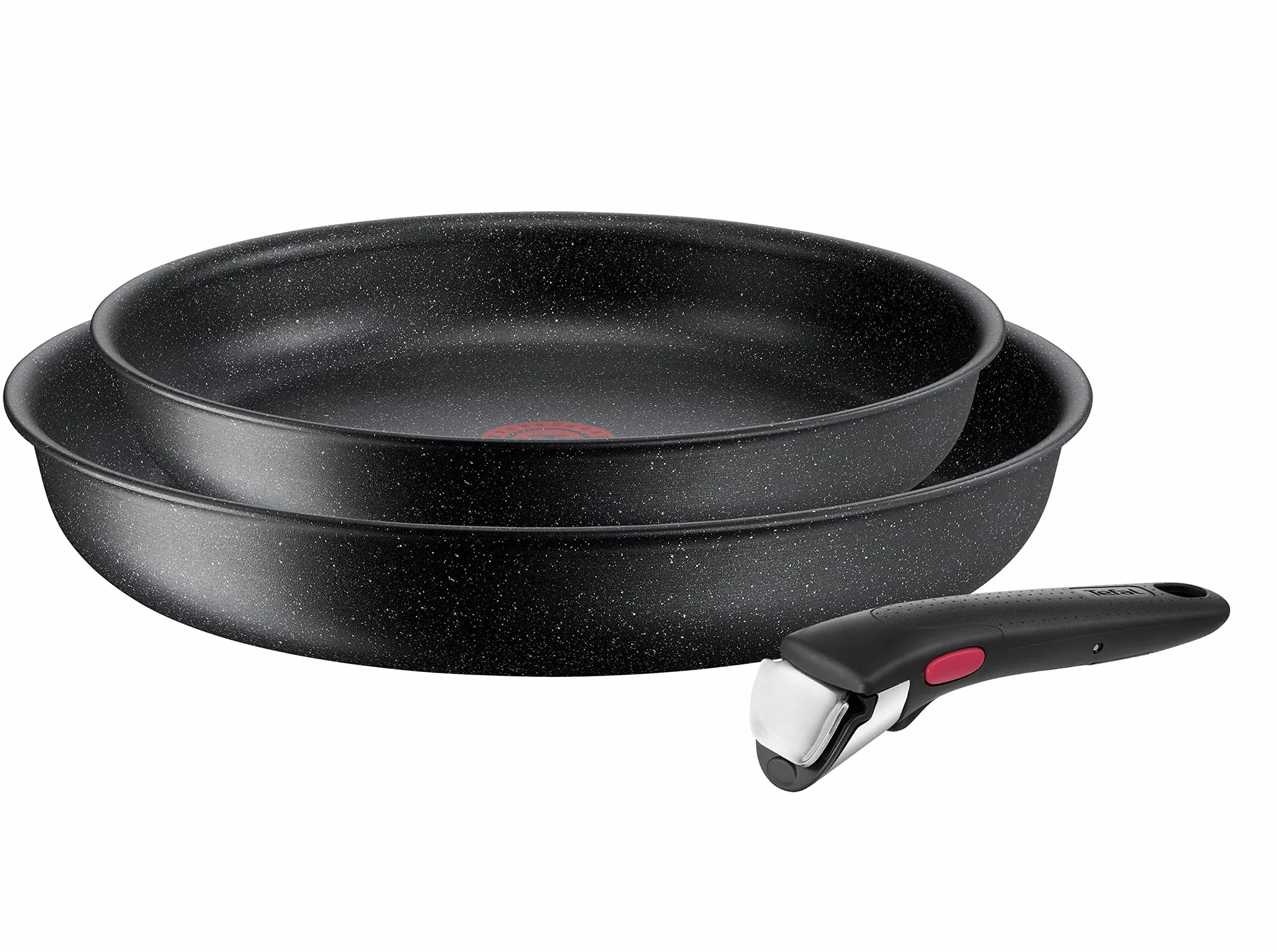 Tefal L39990 Ingenio Black Stone 3-częściowy zestaw patelni, możliwość układania w stos, powłoka nieprzywierająca, nadaje się do kuchenek indukcyjnych, wskaźnik temperatury sygnału termicznego, czarny