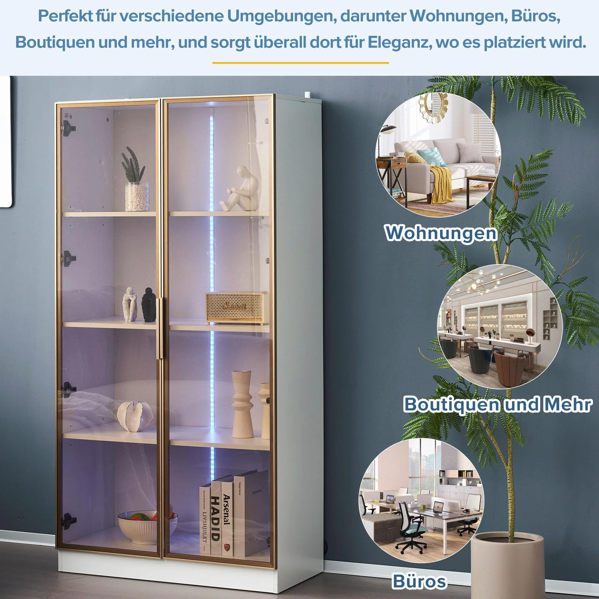 YESGIGA Witryna z białego szkła z 16-kolorowym oświetleniem LED, dwudrzwiowa, 80x40x160 cm