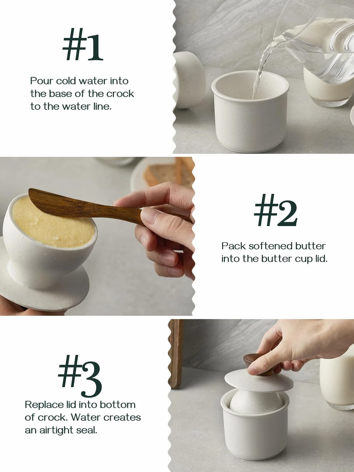 DOWAN New Bone China Maselniczka z pokrywką, 185 ml francuski pojemnik na masło, chłodzony wodą z linią wodną, masło do świeżego i miękkiego masła, waniliowy biały