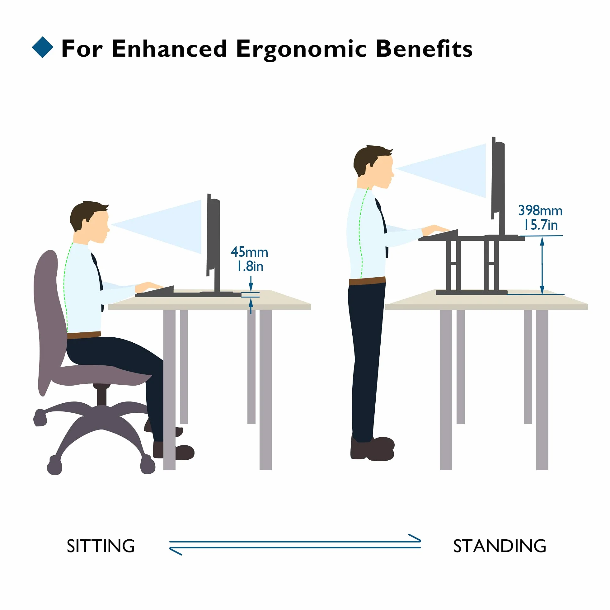 BONTEC Sit-Stand Biurko Konwerter, Regulowany Ergonomiczny Podnośnik na Biurko, Platforma 67x47cm, Wysokość 45-398 mm, Stacja Robocza na Monitor i Klawiaturę, Obciążenie do 8 kg, Czarny