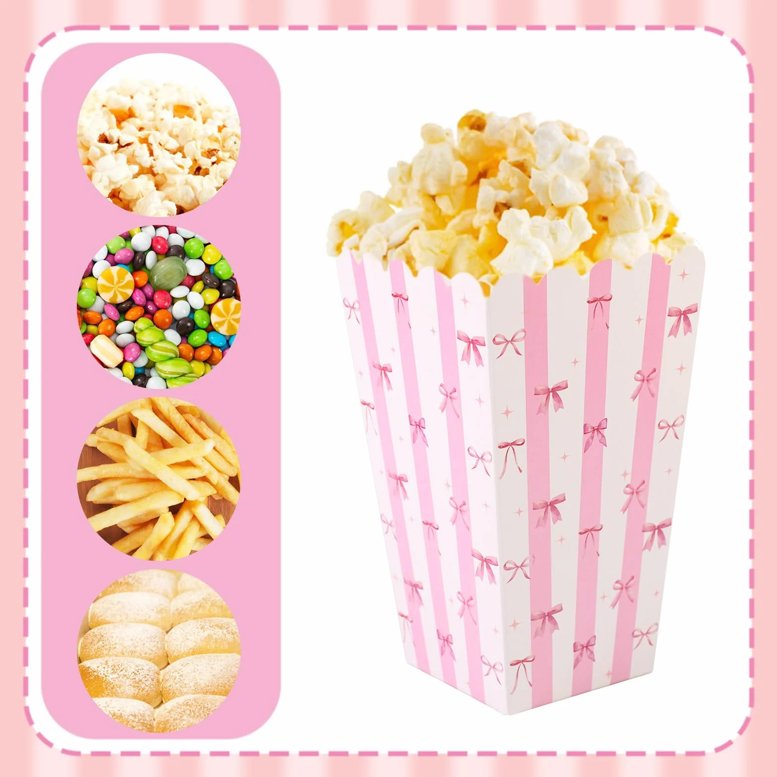 BOXOB 24 Sztuki Różowych Pudełek na Popcorn z Kokardą, Małe Pudełka Przekąski Ciasteczka Cukierki Pojemniki na Popcorn dla Chłopców i Dziewcząt Artykuły Przyjęcia Urodzinowe (Białe i Różowe)