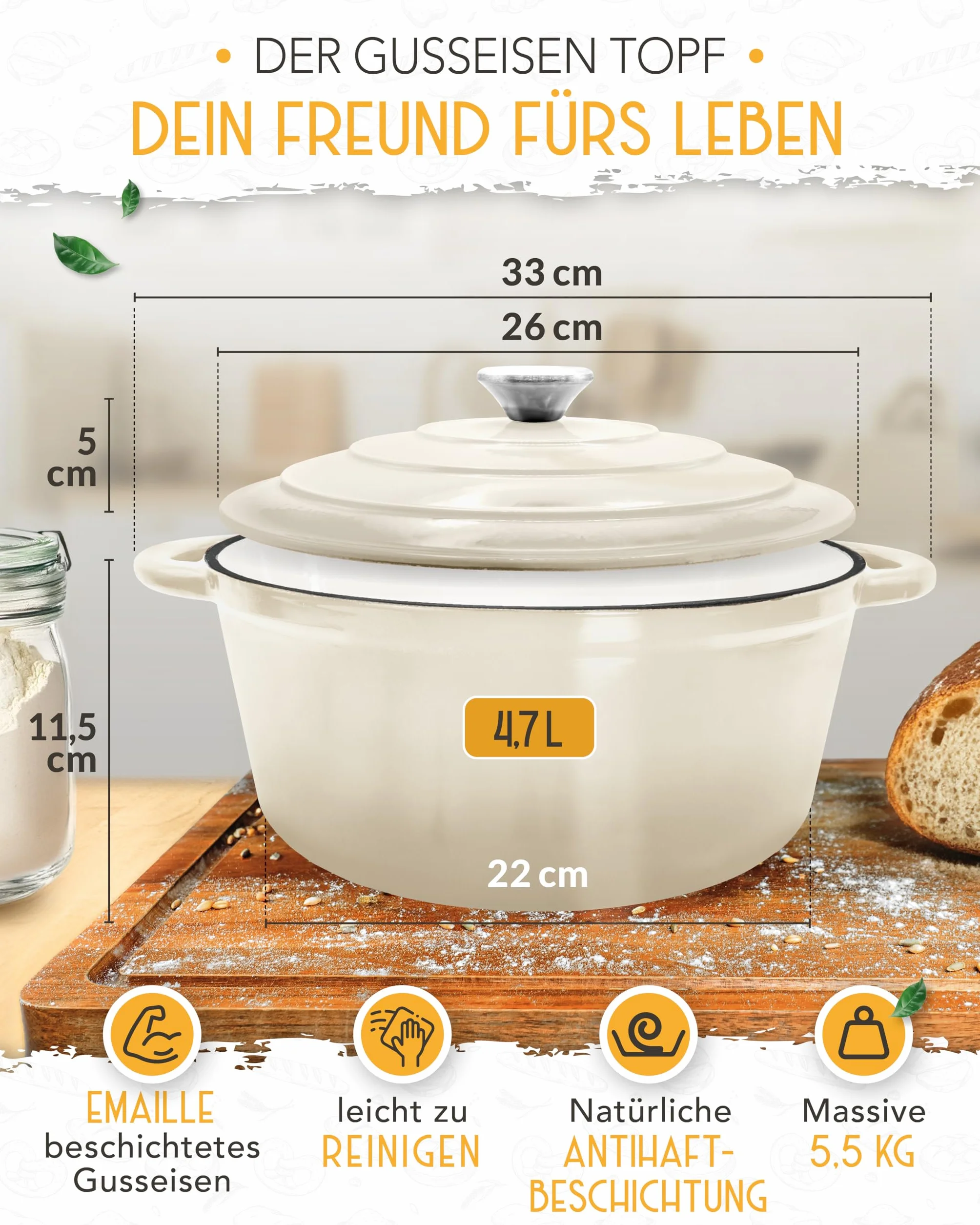 KRUSTENZAUBER Garnek żeliwny jako garnek do duszenia z pokrywką - 26 cm Emaliowany garnek jako żeliwny rondel lub garnek do pieczenia chleba - Nadaje się do pieczenia w piekarniku Dutch oven Garnek z