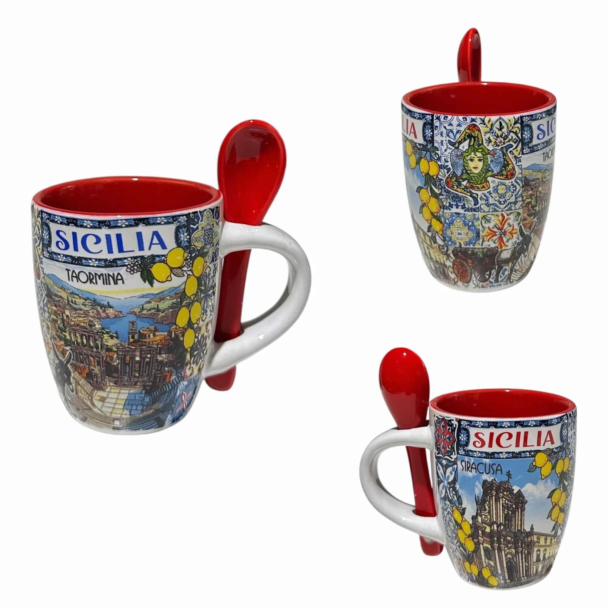 Sycylia Filiżanka do kawy z ceramiką / łyżeczką, ozdobiona filiżanką SOUVENIR, C/DECORO, 7 cm - H, pojemność 70 ml