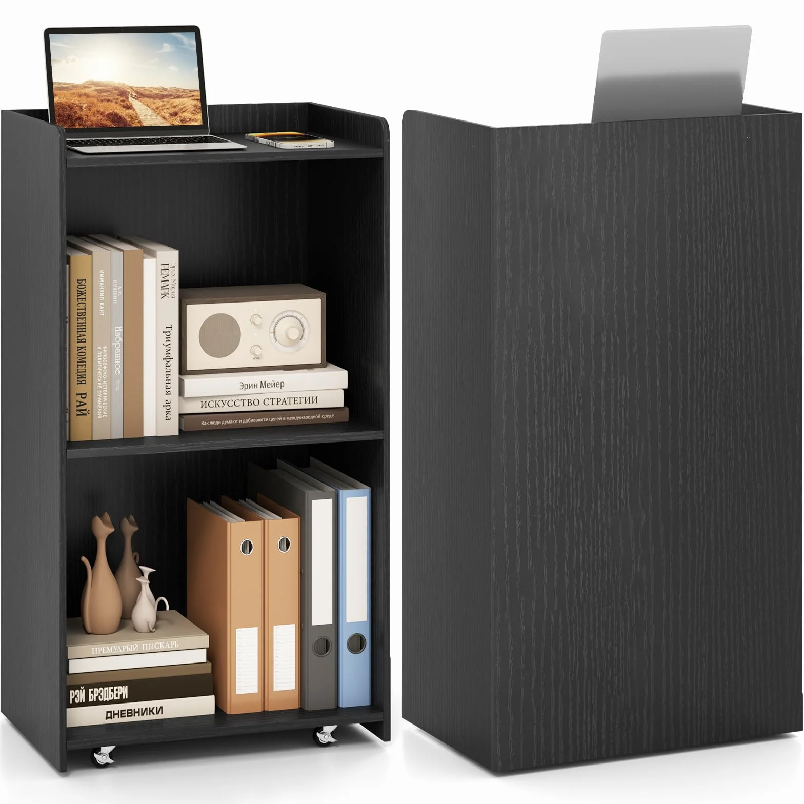 GIANTEX Podium, mobilny pulpit mówniczy z zamykanymi kółkami, stojak na podium z drewna, biurko stojące do sali konferencyjnej, szkoły i kościołów, 57,5 x 37 x 105 cm (czarne)