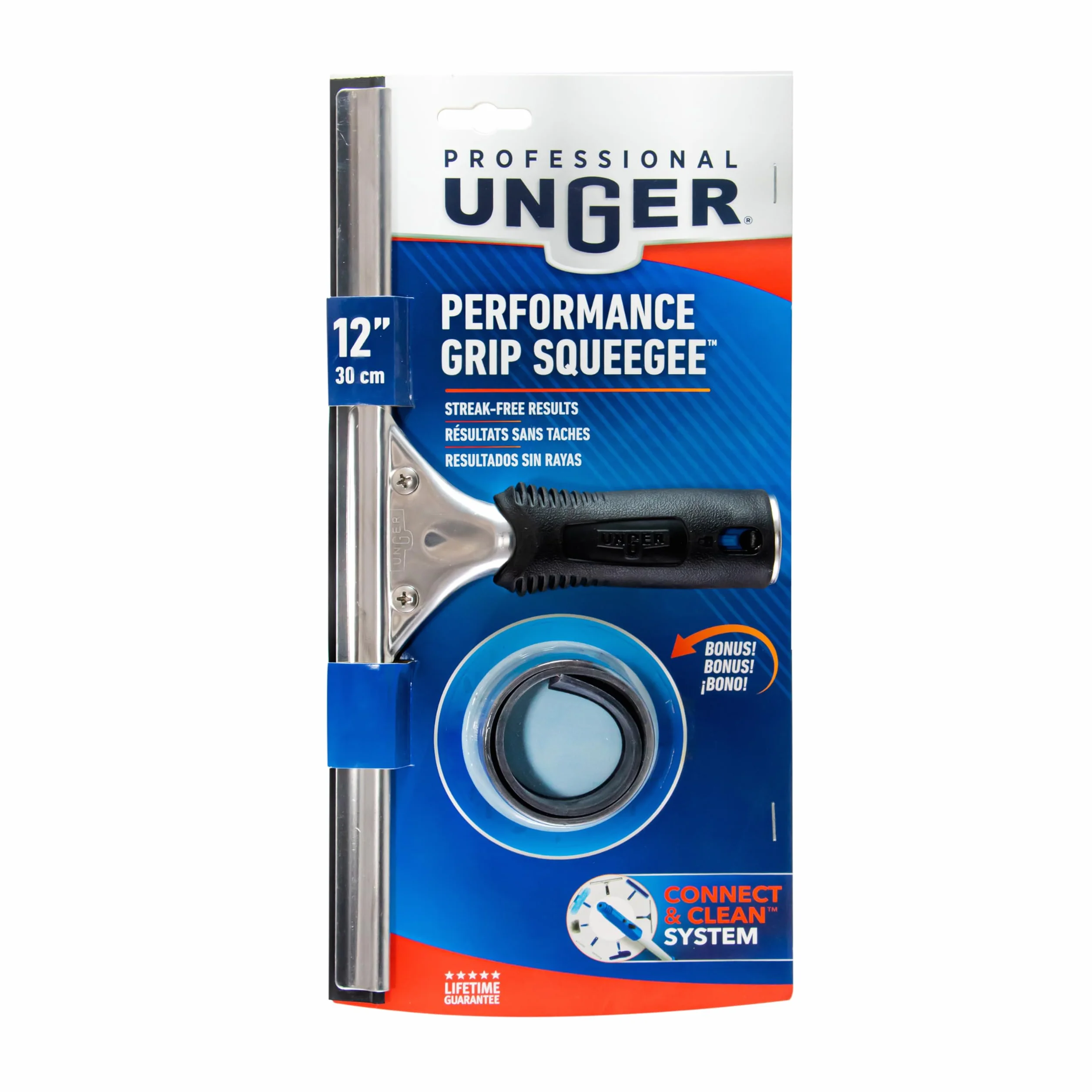 Unger Professional 12" Performance Window & Glass Cleaning Squeegee with Replacement Rubber - Cleaning Supplies, Heavy Duty Squeege for Window Cleaning, Streak-Free Results