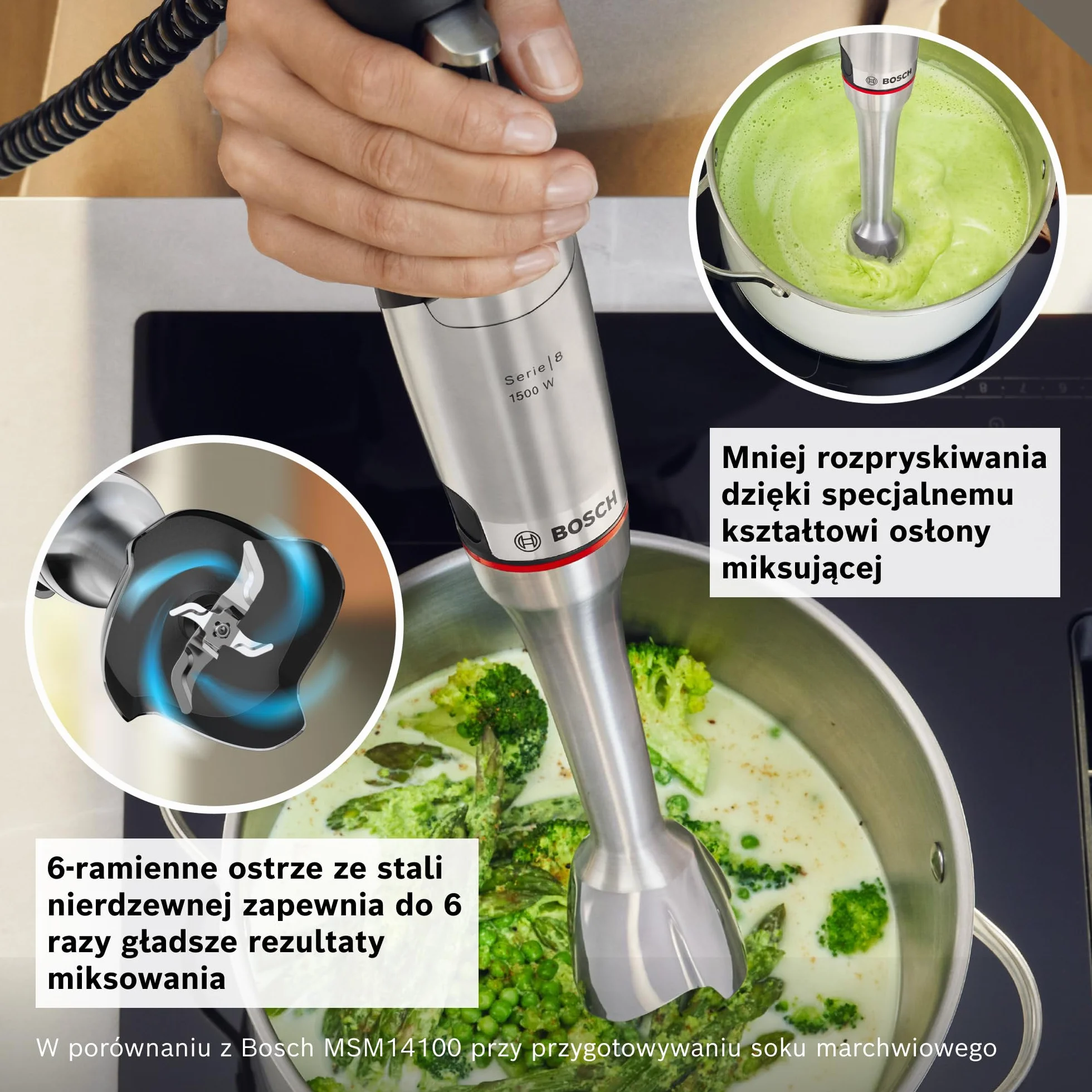 Bosch, blender ręczny, ErgoMaster Serie 8, silnik 1500 W, intuicyjna regulacja prędkości, 6-ramienne ostrze, akcesoria w zestawie, stal nierdzewna, MSM8M934