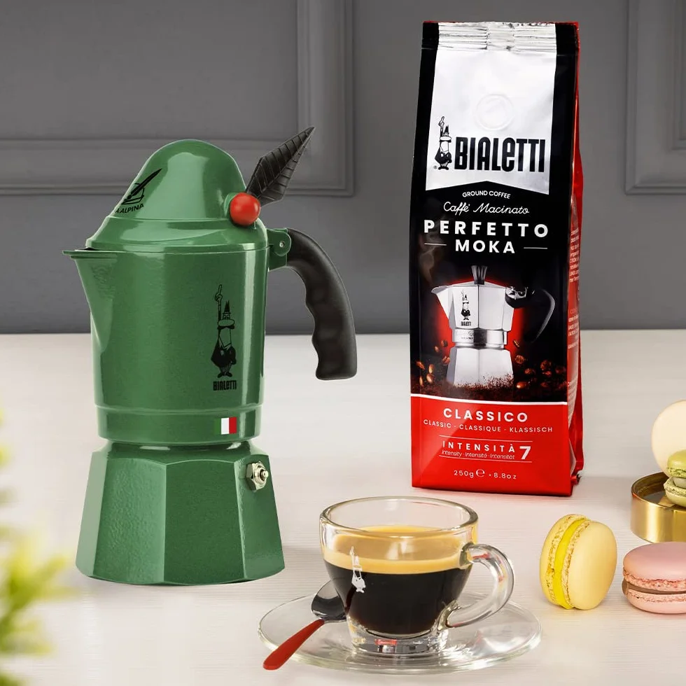Bialetti – Moka Express Alpina: Klasyczna Kawiarka Na Kuchenkę, 3 Filiżanki (130 Ml), Aluminiowa, Zielona