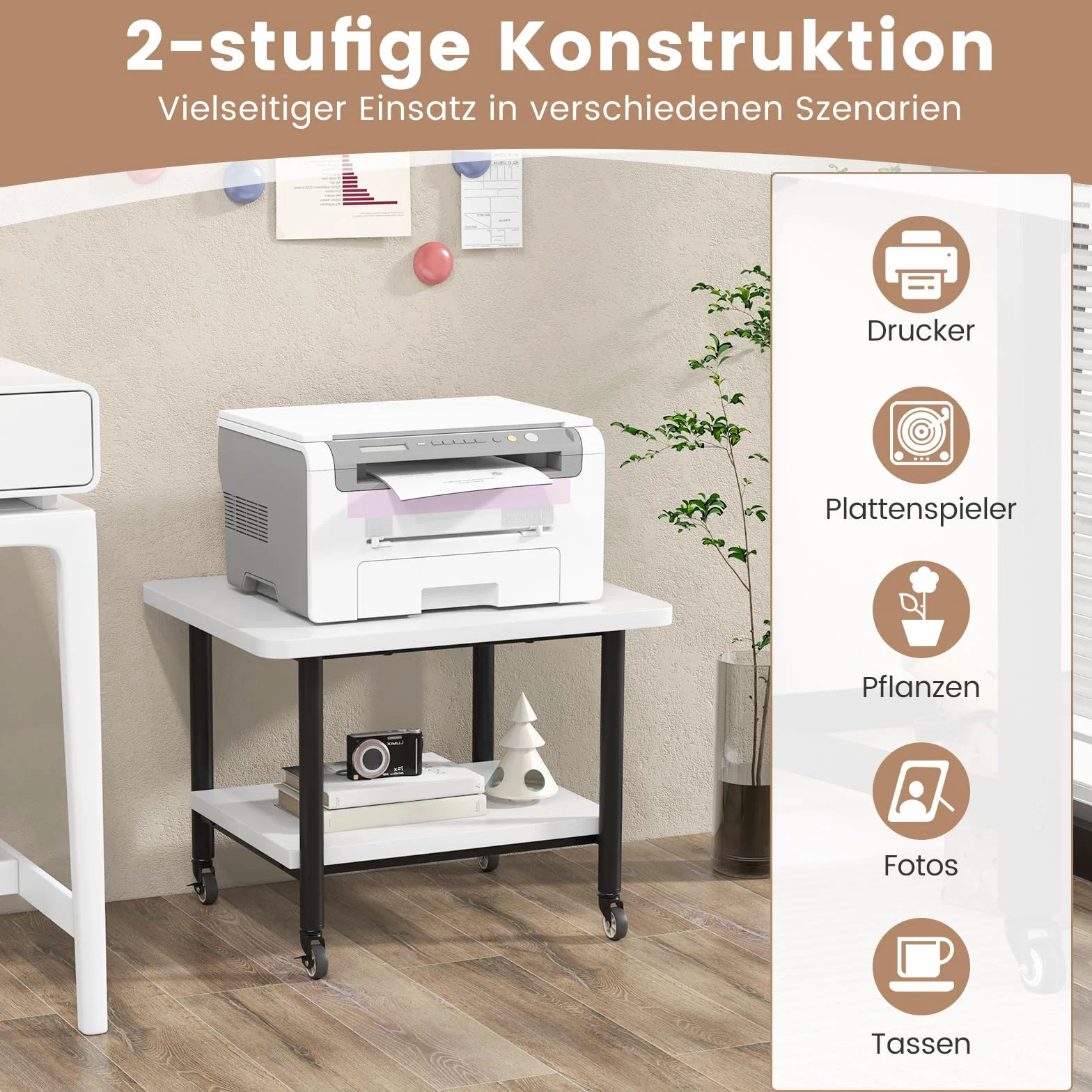 COSTWAY Stolik do drukarki z rolkami, stojak na drukarkę z regulowanymi kółkami, wózek z 2 poziomami, półka na drukarkę, uchwyt na drukarkę do biura, faks, 49 x 40 x 38 cm (biały)