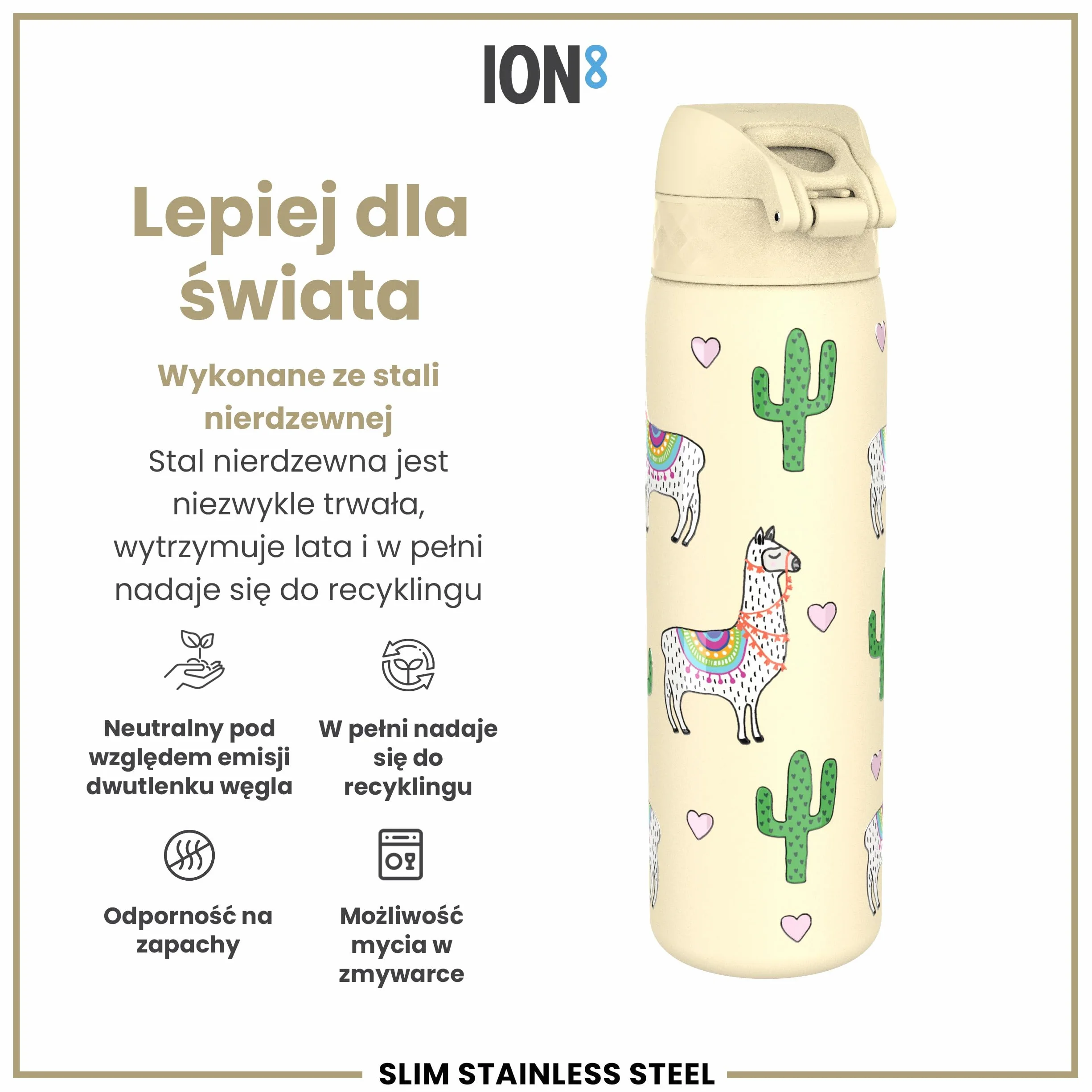 ION8 Butelka na Wodę ze Lekki Stali, 600 ml/20 oz, Nieocieplany, Szczelna, Łatwe Otwieranie, Bezpieczny Zamek, Można Myć w Zmywarce, Higieniczne Pokrycie, Składany Uchwyt, Lamy
