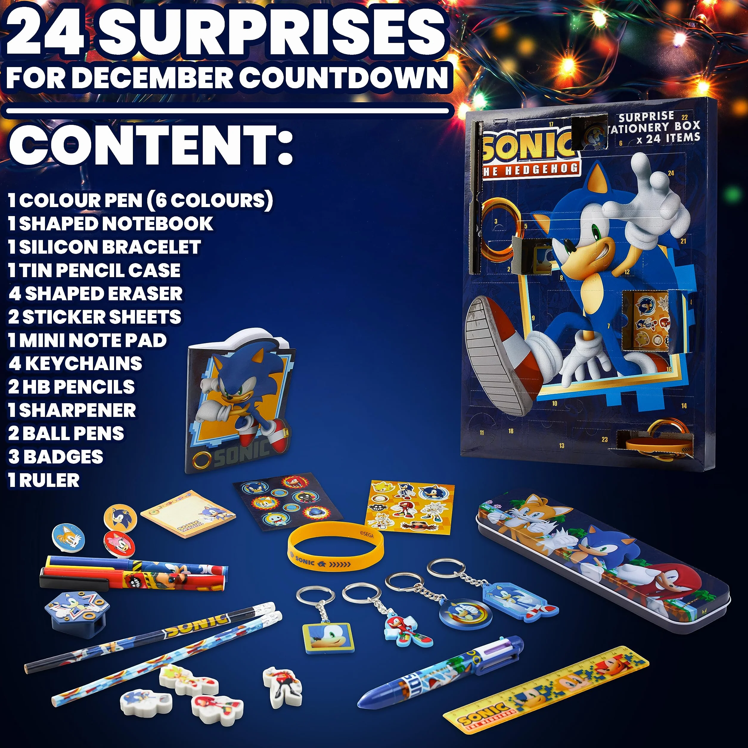 Sonic The Hedgehog Kalendarz adwentowy 2024 dla dzieci i młodzieży, bransoletka breloki papiernicze