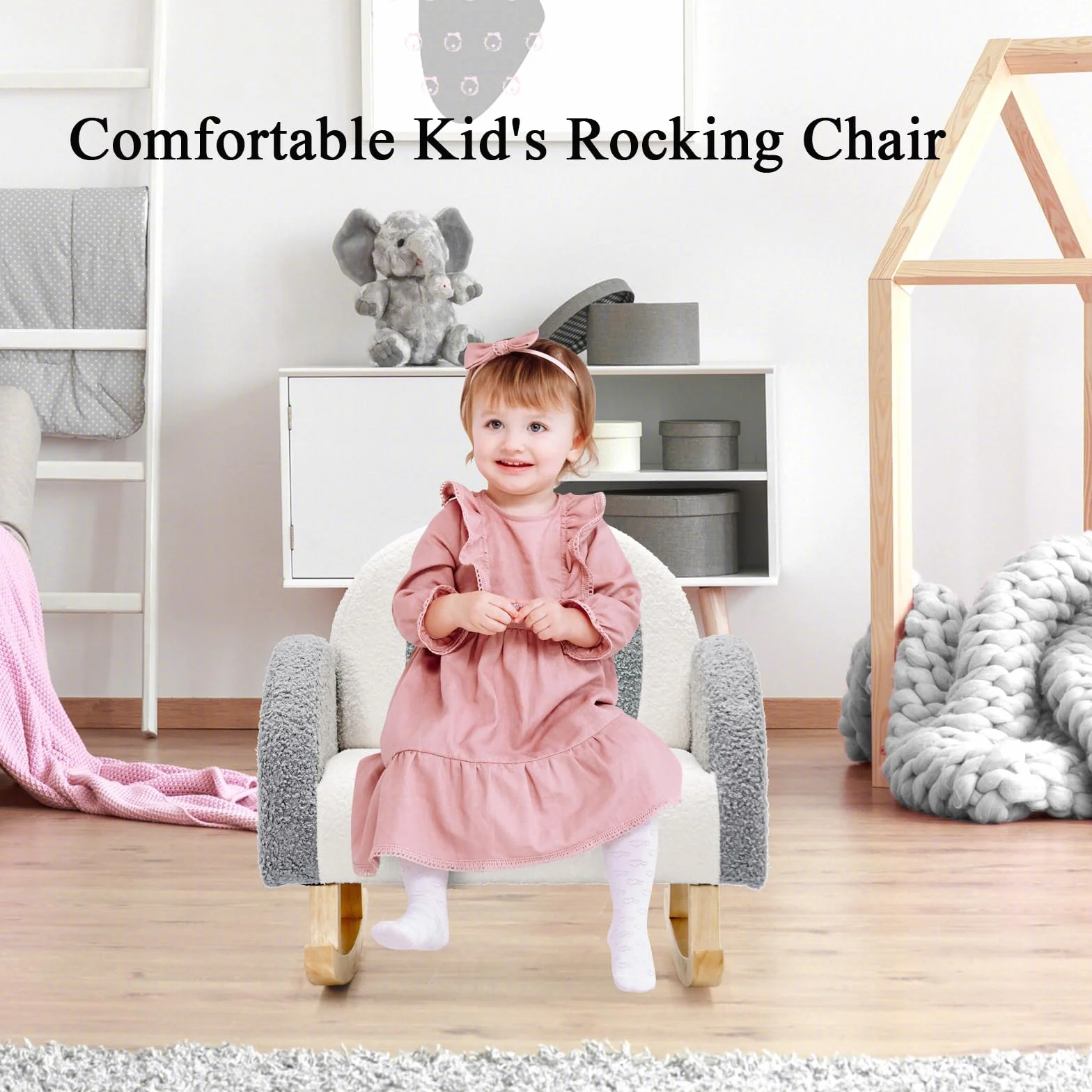 LIFEZEAL Fotel dziecięcy, sofa dla małych dzieci, mini sofa dla dziewczynek i chłopców, fotel bujany z aksamitnego materiału i nóg z litego drewna, krzesło do pokoju dziecięcego (szary)
