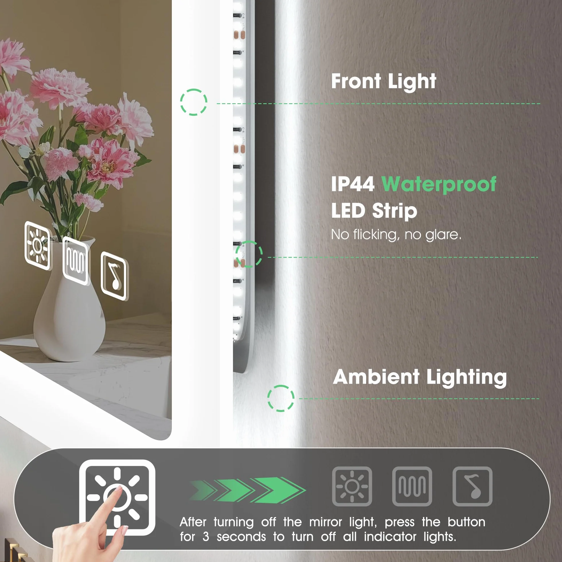 S'bagno Lustro łazienkowe z oświetleniem LED, 120 x 70 cm, z oświetleniem, Bluetooth, detekcja, 3 kolory, możliwość ściemniania, funkcja pamięci, szkło hartowane, wodoszczelność IP44, poziome/pionowe