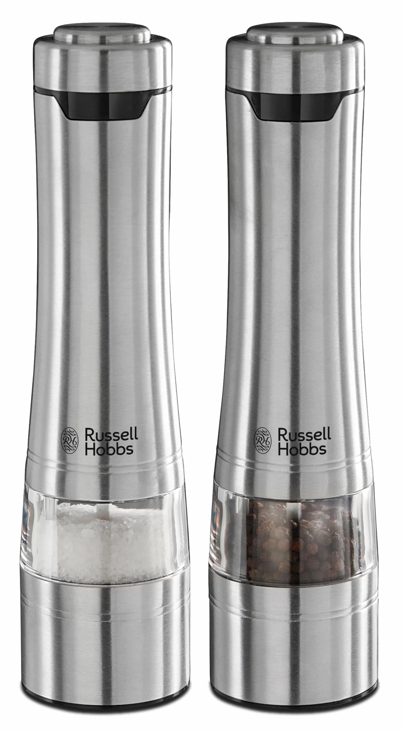 Russell Hobbs młynek do pieprzu i soli, młynek ceramiczny, regulacja stopnia mielenia od drobnego do grubego, oświetlenie LED, zasilanie bateryjne, 2 pokrywy dolne 23460-56