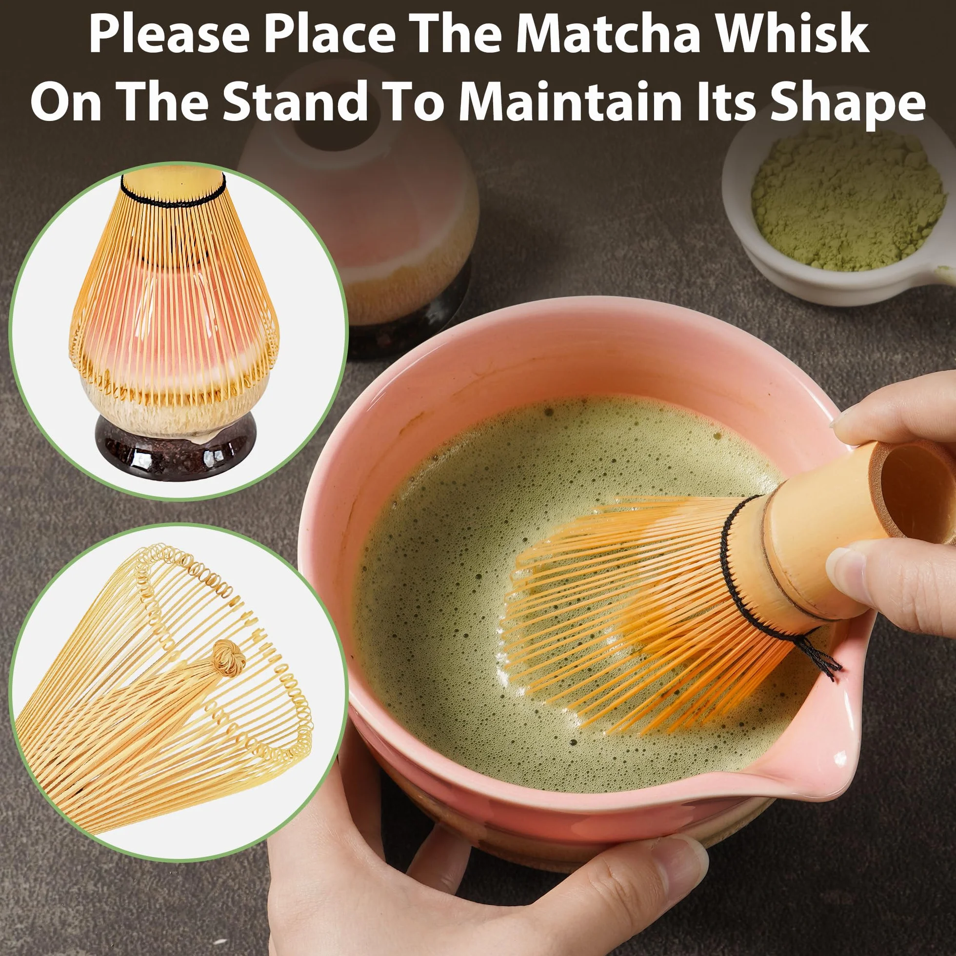 Zestaw Matcha dla początkujących, 7-częściowy w tym: miska matchy, łyżeczka herbaty, sito, podstawka pod pędzel, stojak na pędzel, ręcznie robiony zestaw do matcha (różowy)