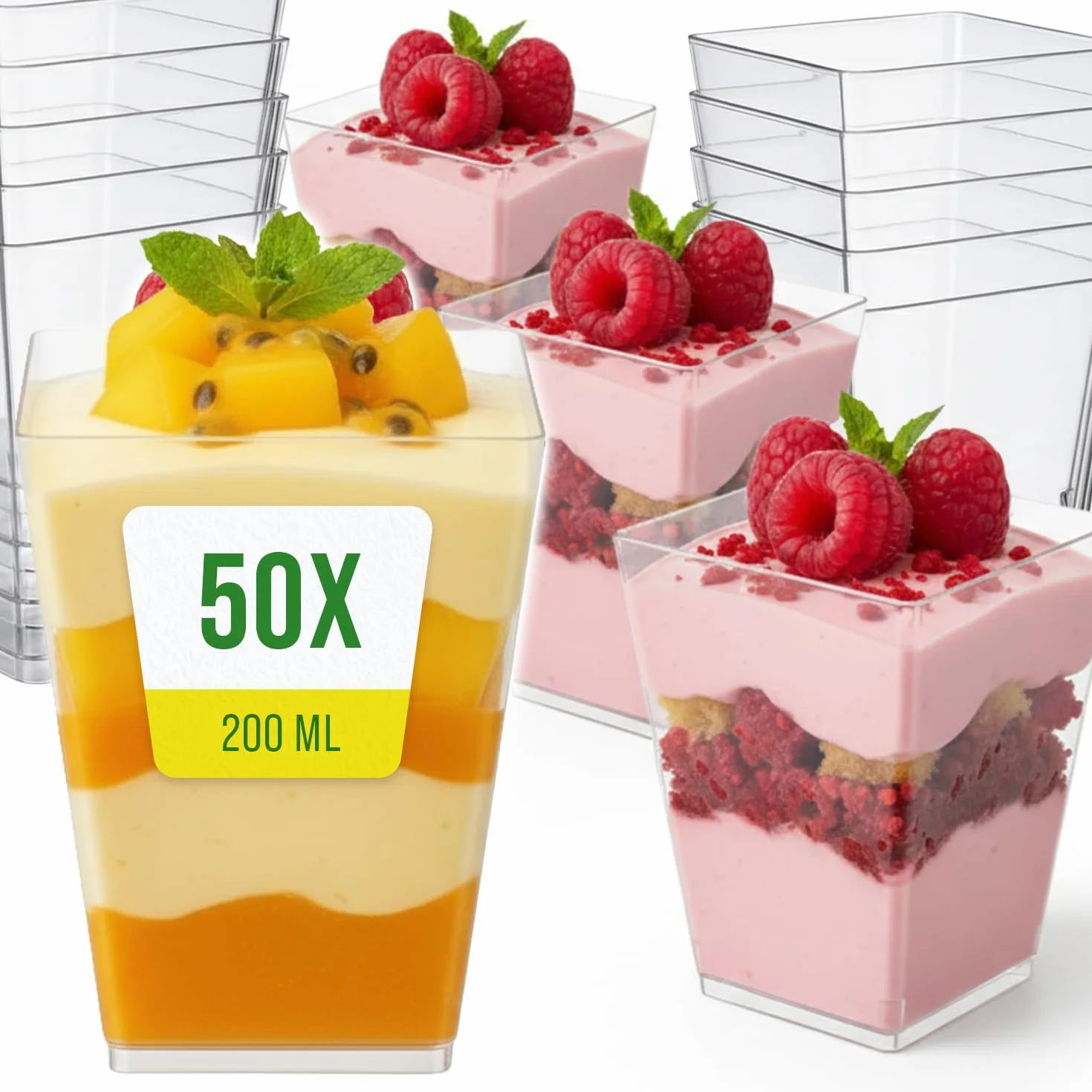 Filiżanki deserowe 200 ml, zestaw 50 szt. – przezroczyste kubki z tworzywa sztucznego wielokrotnego użytku na mus, budyń, tiramisu, sałatkę owocową – kwadratowe szklanki deserowe na