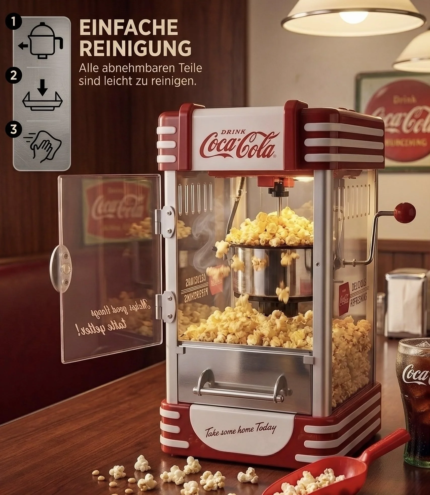 Salco Coca-Cola maszyna do popcornu – urządzenie do robienia popcornu w stylu retro w kolorze czerwonym (lata 50-tete), styl kinowy, czajnik ze stali nierdzewnej z powłoką zapobiegającą przywieraniu,