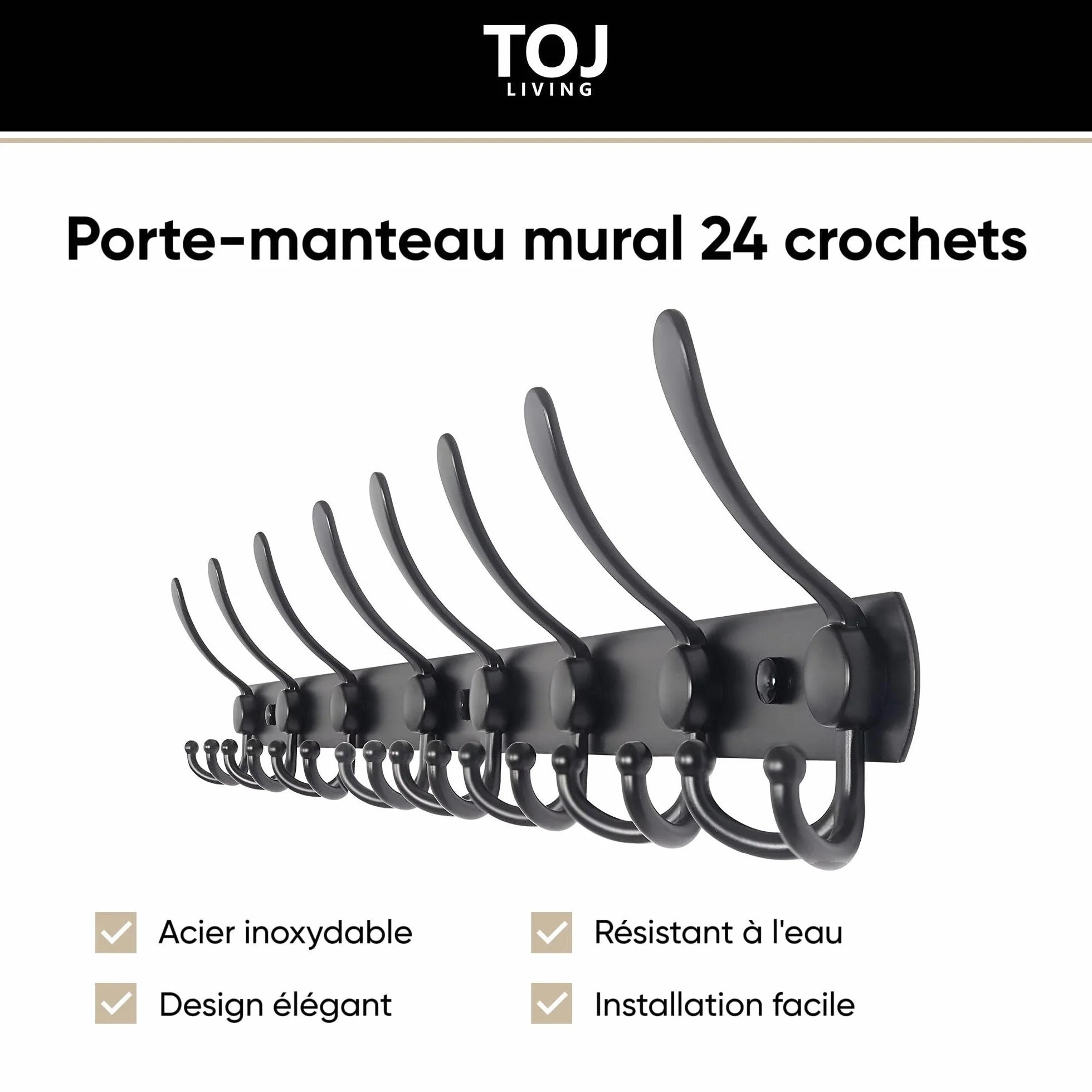 TOJ Living Garderoba ścienna - 75 CM - 24 haków - wieszak na ubrania - haczyk do szafy - wieszak na ubrania na ścianie - garderoba ścienna czarna - stal nierdzewna - czarny