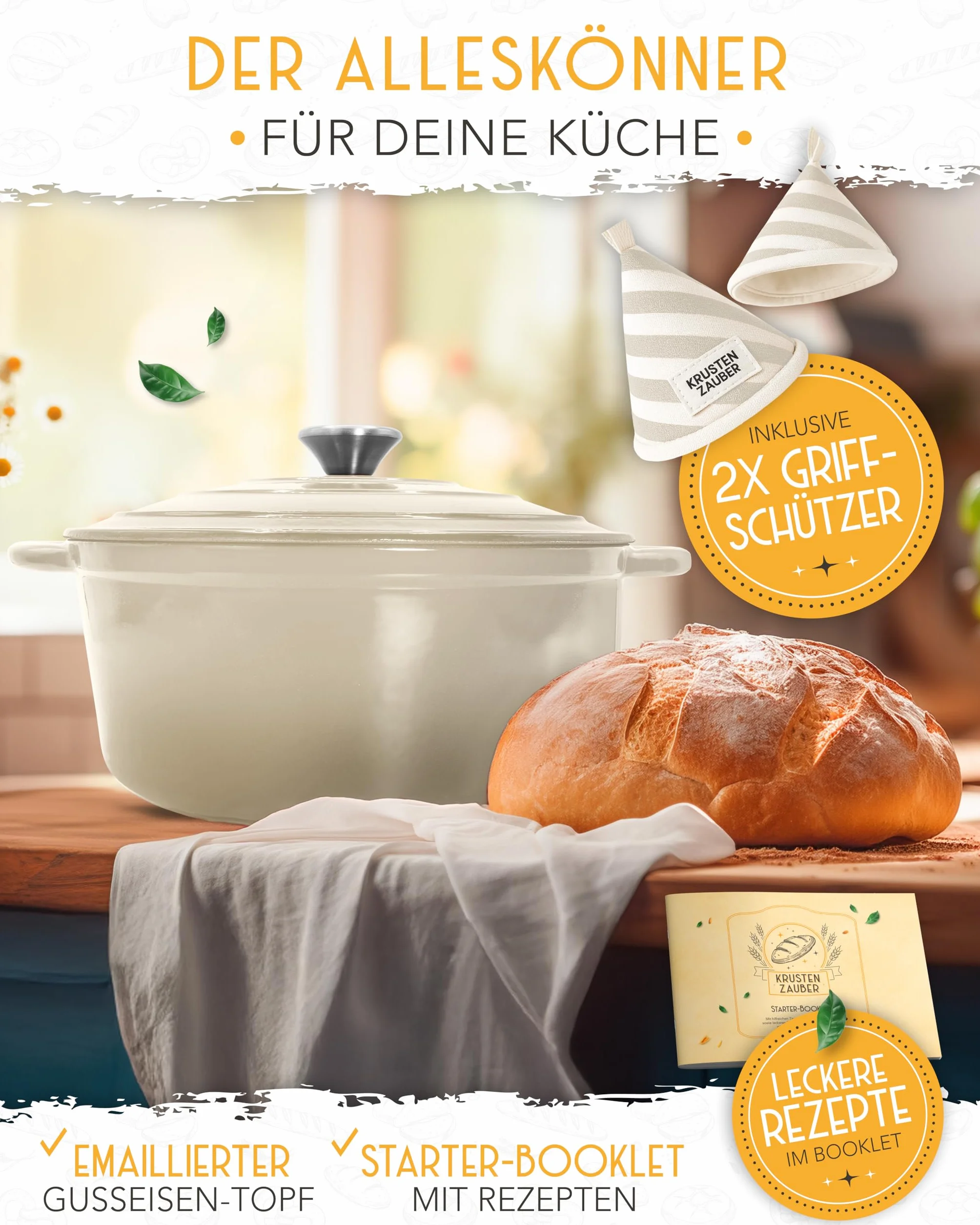 KRUSTENZAUBER Garnek żeliwny jako garnek do duszenia z pokrywką - 26 cm Emaliowany garnek jako żeliwny rondel lub garnek do pieczenia chleba - Nadaje się do pieczenia w piekarniku Dutch oven Garnek z