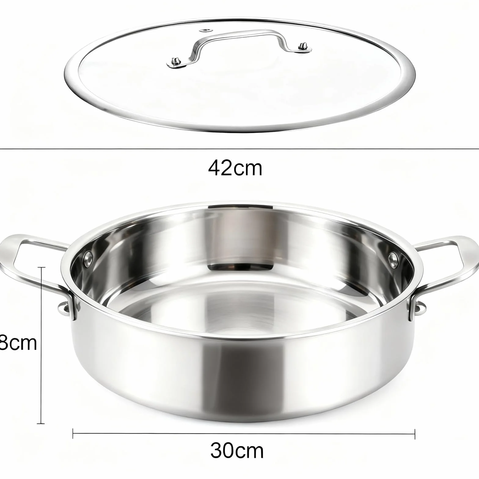 Patelnia 30 cm, wysoka krawędź 8 cm: duża patelnia do duszenia 5,6 litra, do dużych kuchenek ≥ 2300 W, indukcja, garnek do duszenia z pokrywką, trójwarstwowa patelnia ze stali nierdzewnej