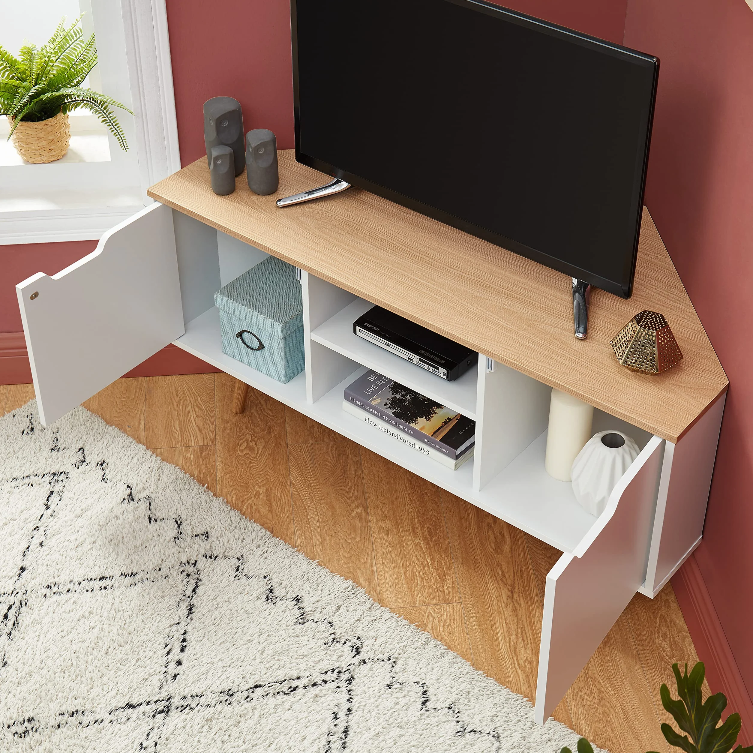 BAÏTA Narożna szafka pod telewizor - dekoracja biała i dębowa - styl industrialny - szer. 115 x gł. 55 x wys. 53,5cm - LYNA