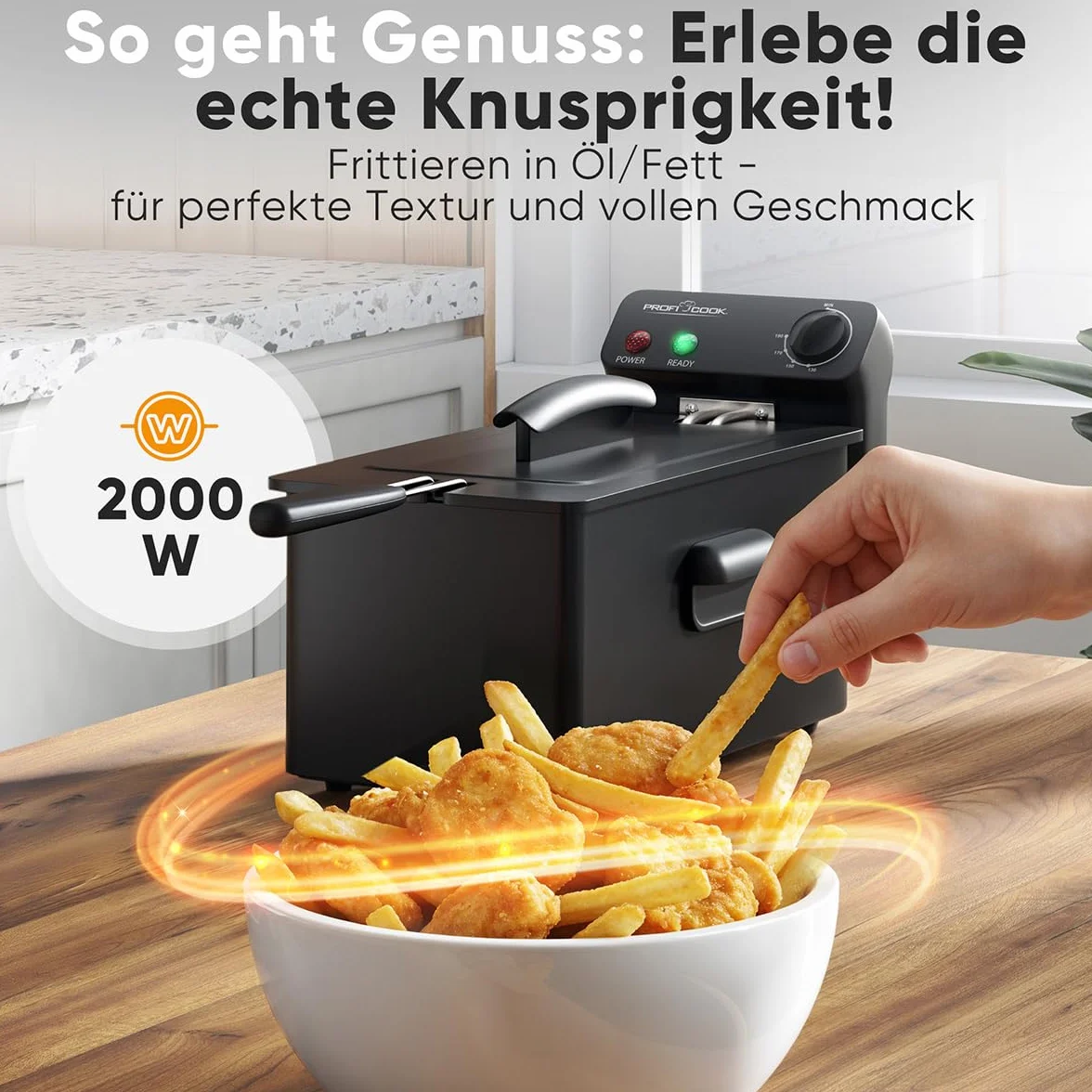 ProfiCook Frytkownica z tłuszczem, 130-190°C, frytkownica olejowa, 2000 W, 3 l, nadaje się do mycia w zmywarce, pokrywa chroniąca przed pryskaniem, frytkownica z zimną strefą, całkowicie zdejmowana