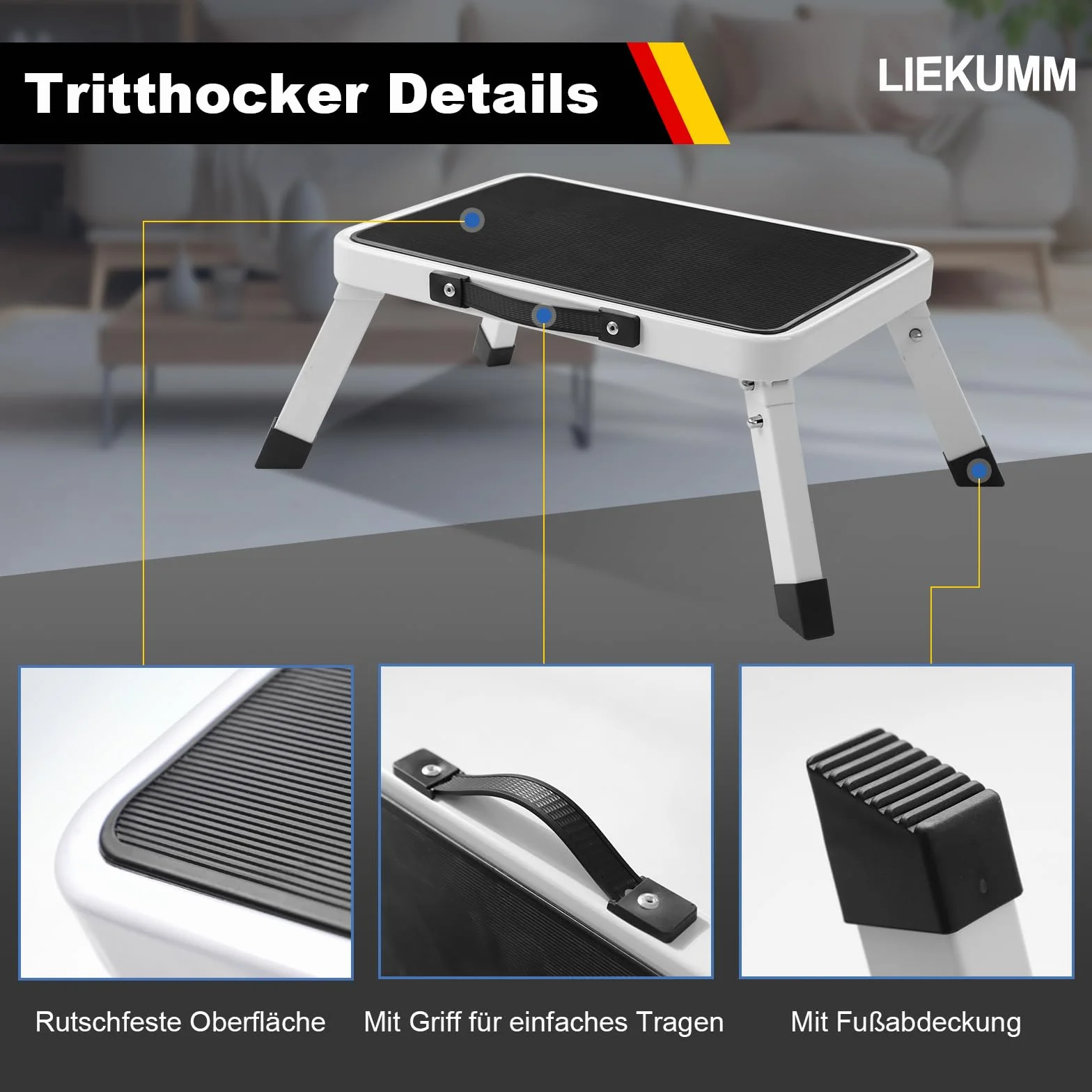 LIEKUMM Składany taboret do schodków o wysokości 18 cm, udźwig 150 kg, składany taboret z uchwytem, antypoślizgowy stopień do domu, kuchni, łazienki i kampera, biały