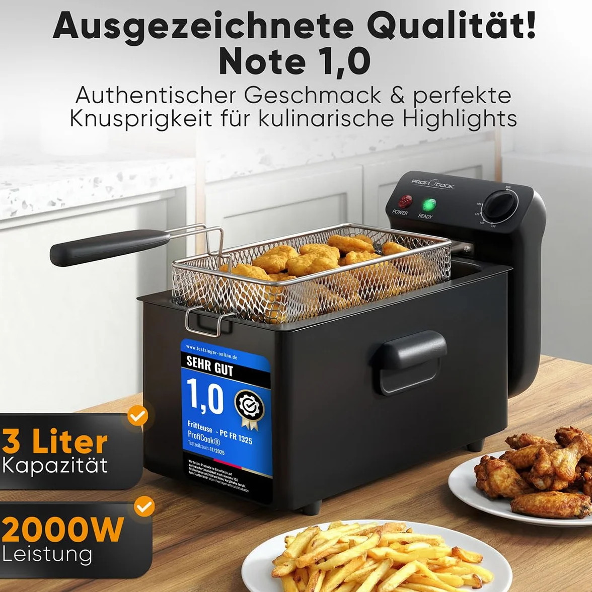 ProfiCook Frytkownica z tłuszczem, 130-190°C, frytkownica olejowa, 2000 W, 3 l, nadaje się do mycia w zmywarce, pokrywa chroniąca przed pryskaniem, frytkownica z zimną strefą, całkowicie zdejmowana