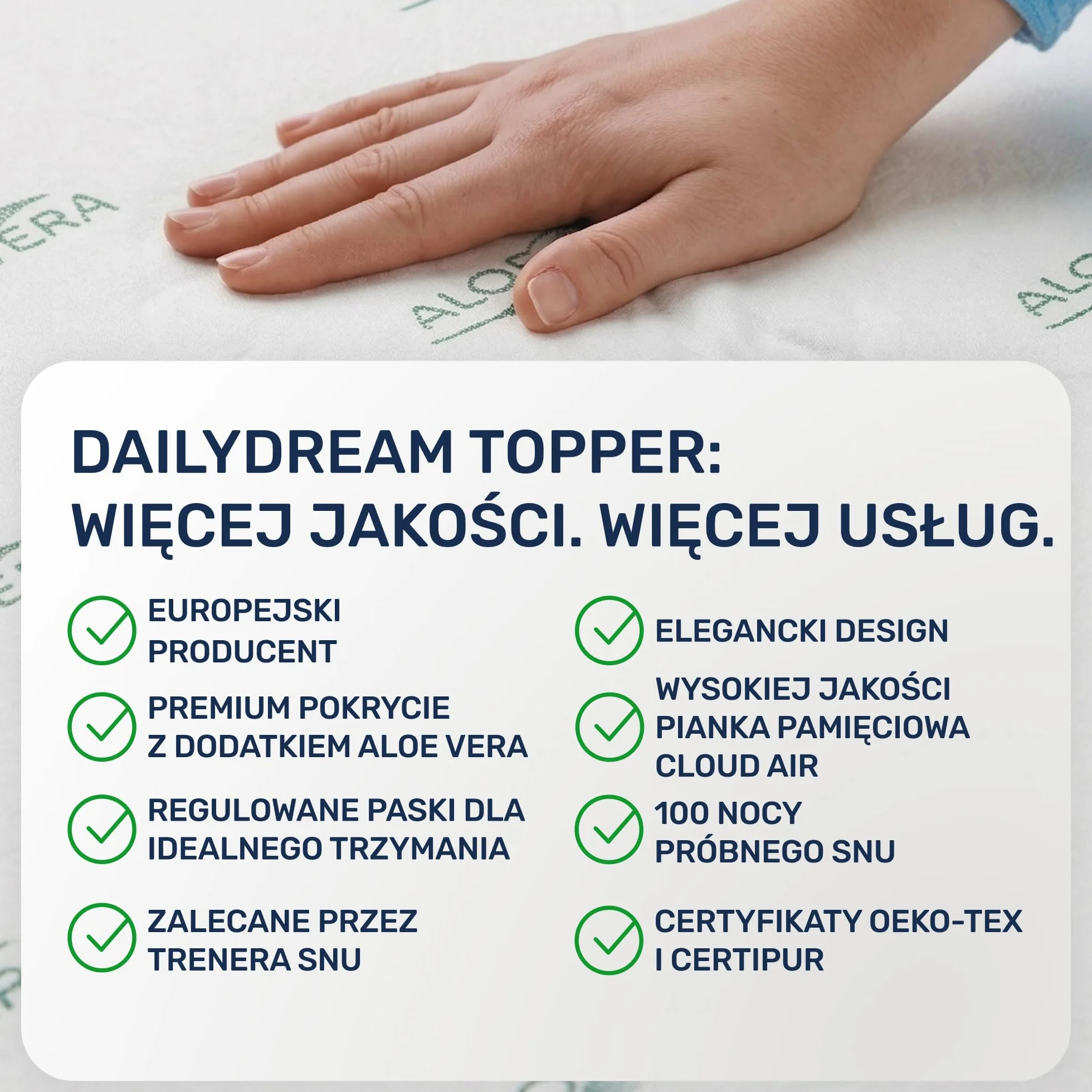 Materac nawierzchniowy wiskoelastyczny Dailydream „Model M” z efektem pianki zapamiętującej kształt, 90x200x5cm, Edition “Aloe Vera”