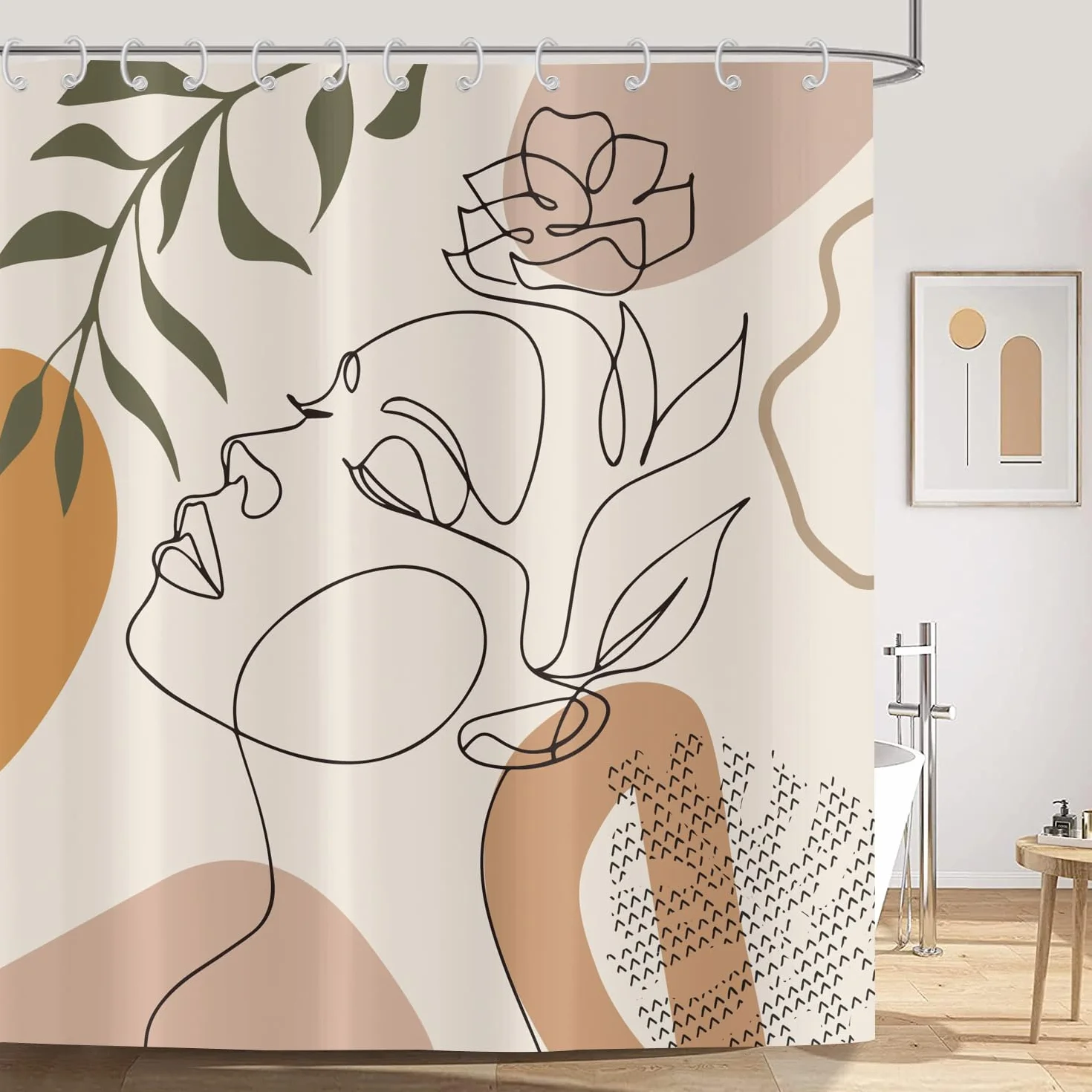 Zasłona prysznicowa w stylu boho, beżowa, 180 x 200 cm, nowoczesna, abstrakcyjna, dla dziewczynki, z twarzą, kwiat, zielone liście, nadaje się do prania, poliester, tkanina, wodoszczelna, z 12