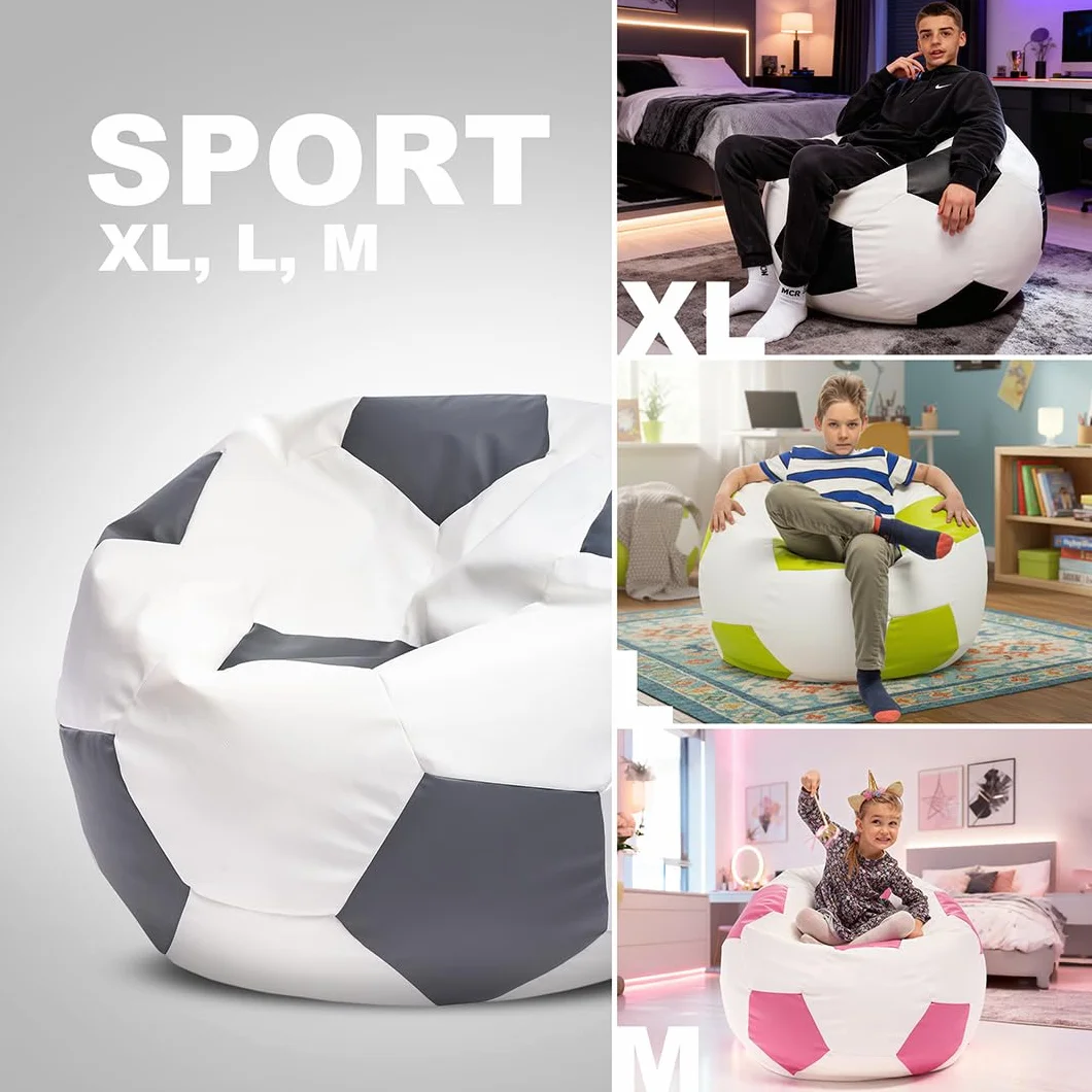 Ecopuf Worek Piłkarski XL - Poduszka Pufa do zabawy wykonana ze sztucznej skóry - Idealna dla fanów piłki nożnej, dzieci - Beanbag do salonu - Aksamitna pufa - 105x80cm, Czarny E14