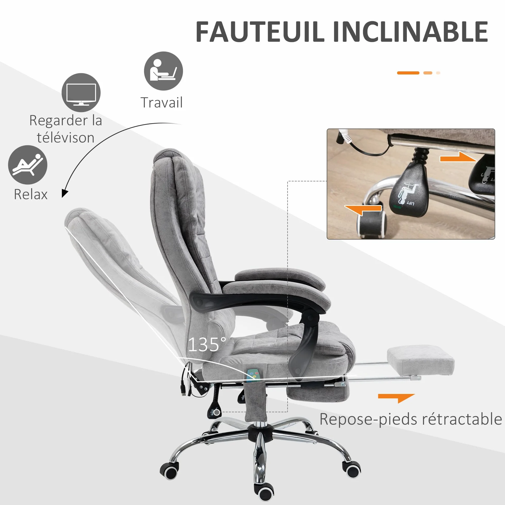 Vinsetto Fotel biurowy do masażu i ogrzewania, ergonomiczne krzesło biurowe z regulacją wysokości, odchylane oparcie, podnóżek, pilot przewodowy, obrotowy 360°, tkanina z mikrofibry, szary