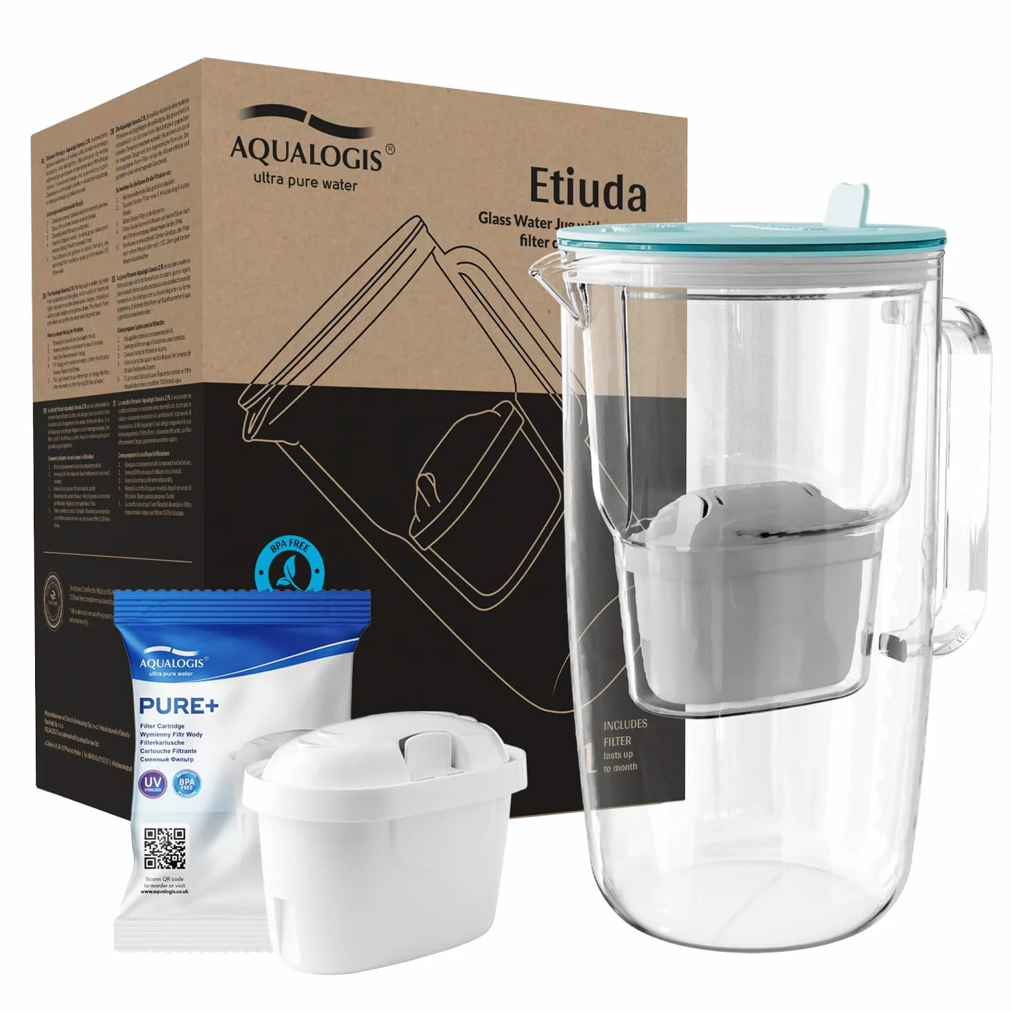 Aqualogis Etiuda 2.9L | Premium Szklany Dzbanek Filtrujący Wodę | z 1 Wkładem Pure+ | Jasno Niebieski | Redukuje nieprzyjemny zapach i smak