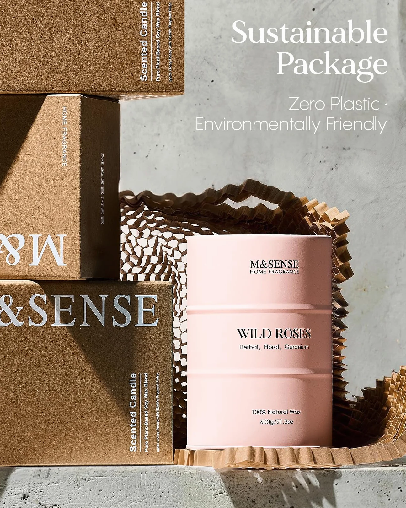 M&SENSE ŚWIECA ZAPACHOWA - Dzika Róża | Naturalny Wosk Sojowy 600g | 120h Palenia | Romantyczny Prezent na Walentynki