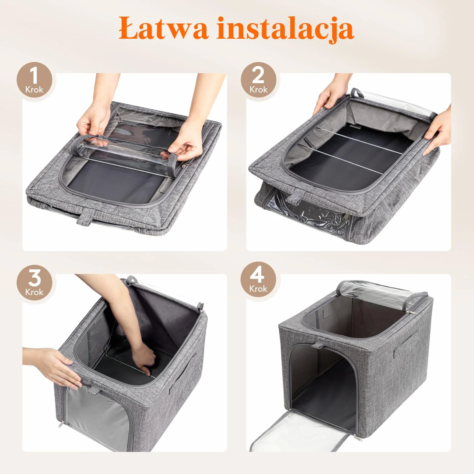 Lifewit 4 pojemników do przechowywania z metalową ramą, składane pojemniki do przechowywania, 40-litrowe torby do przechowywania z przezroczystym okienkiem＆ zamki błyskawiczne, solidne uchwyty
