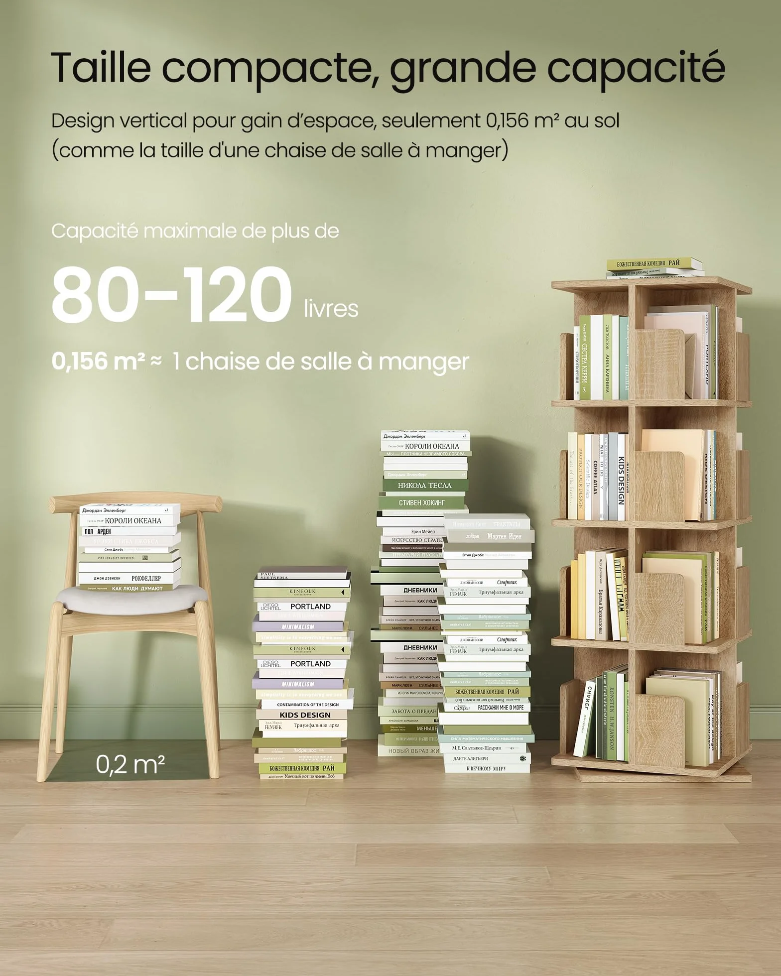 EUGAD obrotowy regał na książki stojący z przegródkami do biura, dekoracyjny, obracany o 360°, 4 piętrowy, z MDF, naturalny, 39 x 39 x 128 cm