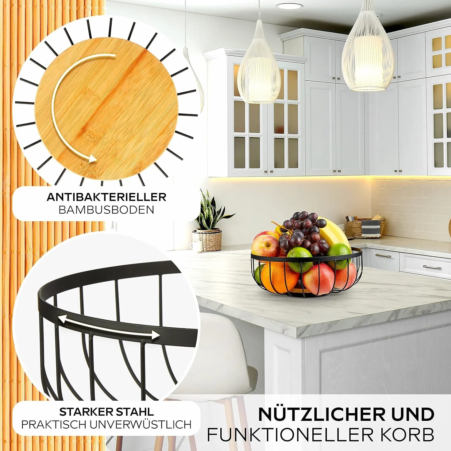 HIKITCHEN® Kosz na owoce – kosz na owoce – miska metalowa i bambusowa – miska na owoce do kuchni i gospodarstwa domowego – uchwyt na owoce (czarny)
