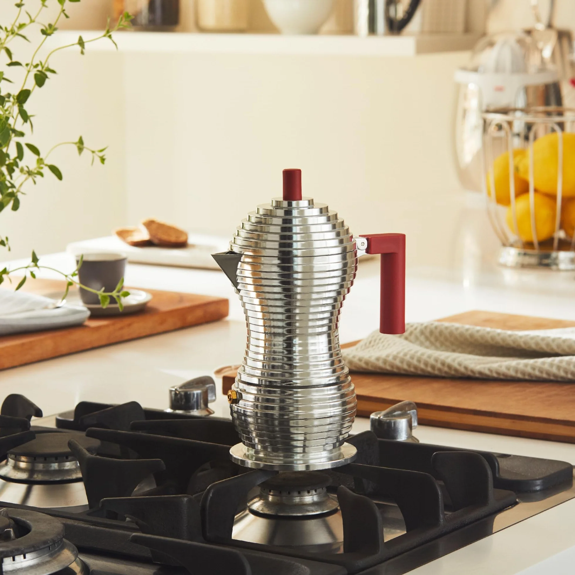 Alessi Pulcina Ekspres do kawy espresso z odlewu aluminium. Uchwyt i gałka w PA, czerwony, 3 filiżanki