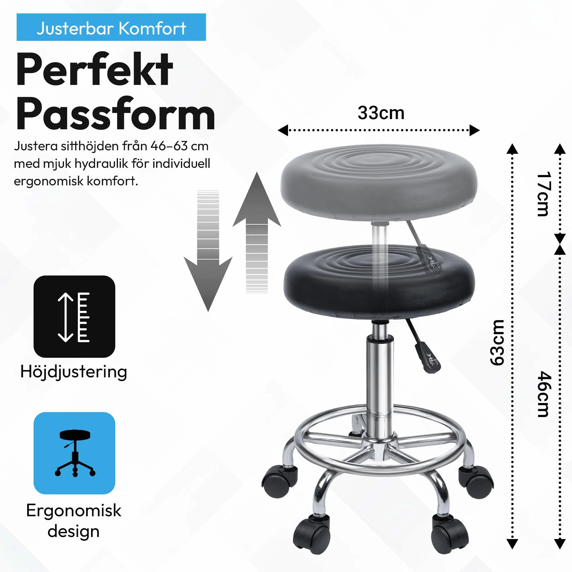 Ergonomia Rolowany stołek roboczy obrotowy z regulacją wysokości Czarny