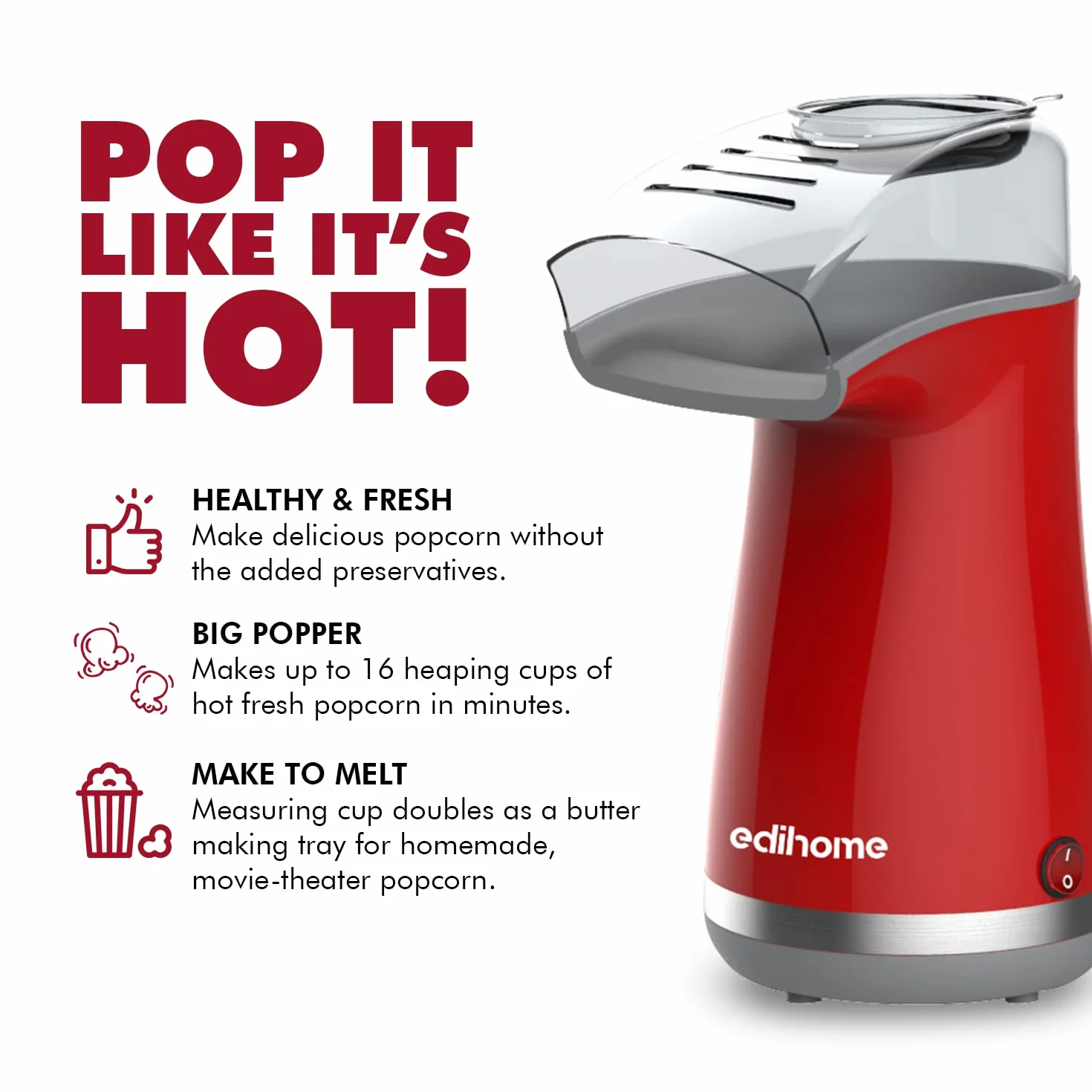 Edihome, Pop Corn Machine, Popcorn, 1200 W, zawiera łyżkę dozującą, Popcorn gotowy w 2 minuty (czerwony)