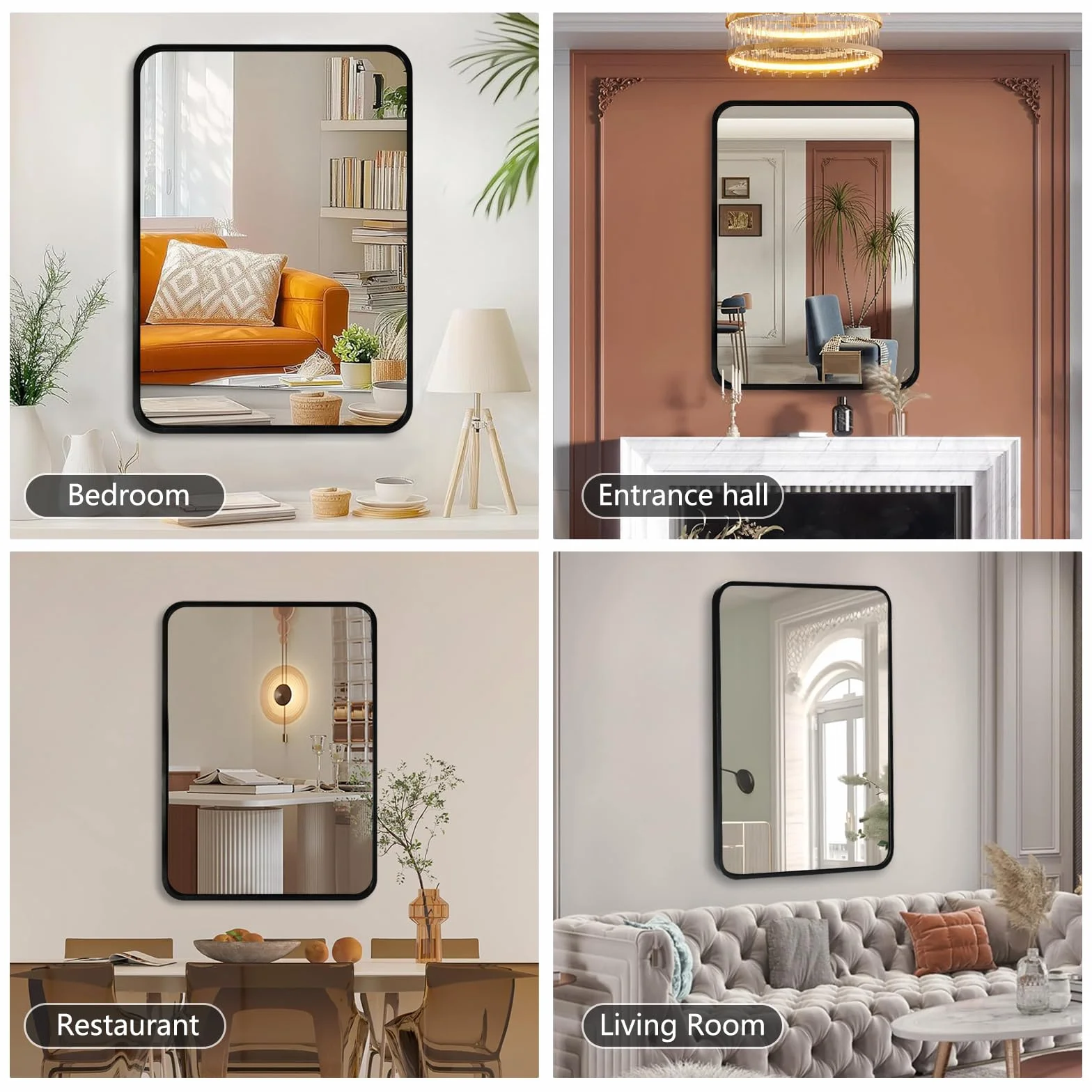 Lustro ścienne prostokątne czarne z aluminiową ramą - 70 x 50 cm Nowoczesne lustro do łazienki, idealne do łazienki, sypialni, salonu i przedpokoju - Można powiesić poziomo lub pionowo