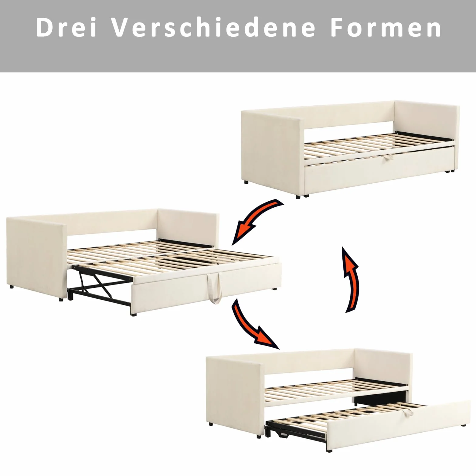DULRLLY Aksamitna rozkładana sofa z łóżkami wysuwanymi, rozkładana sofa 2-osobowa, 90, 180 x 200 cm, ze stelażem listwowym, do salonu, mieszkania, beżowa