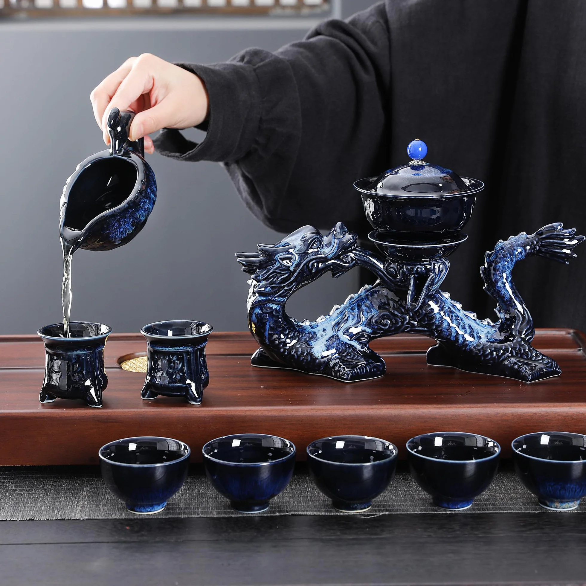 Fanquare Półautomatyczny Zestaw do Herbaty Niebieski Chiński Loong Kungfu Czajniczek Filiżanki 11-częściowy Tradycyjny Porcelanowy Serwis do Herbaty