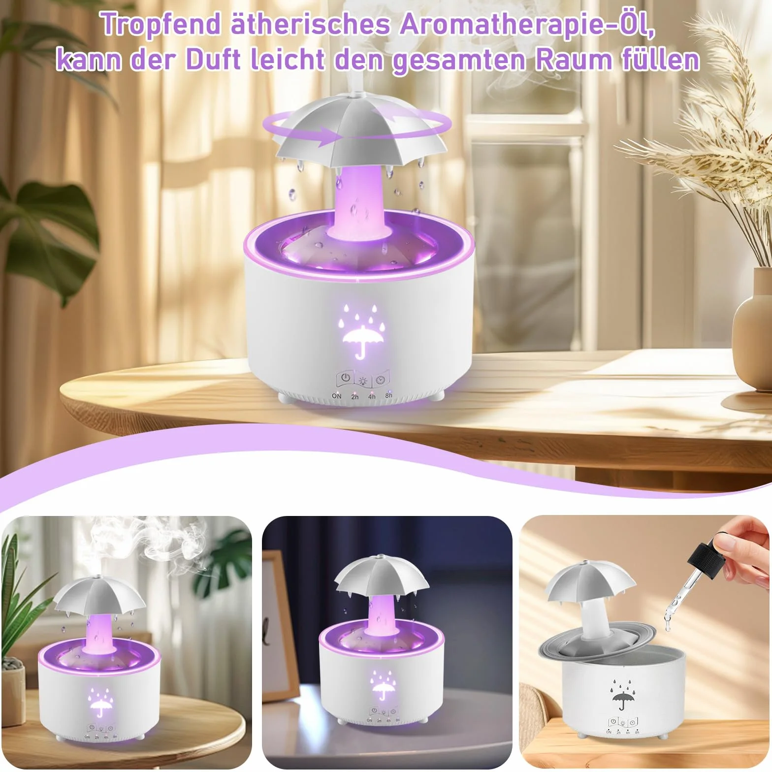 Justup Parasolowy nawilżacz powietrza, obracający się 7 kolorów LED do aromaterapii, duża pojemność 300 ml, nawilżacz z pilotem zdalnego sterowania (biały)
