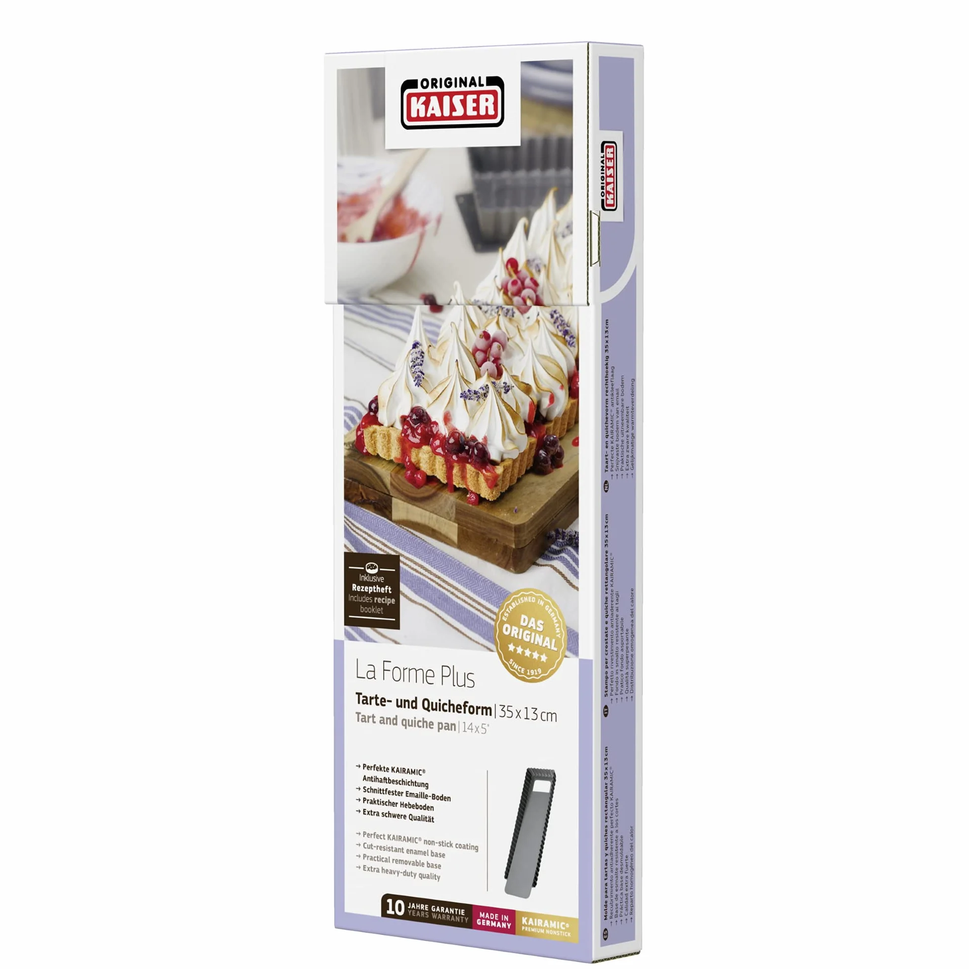 Original Kaiser La Forme Plus prostokątna forma do tarty z podnoszonym dnem, 35 x 13 cm, powlekana foremka do quiche, wysuwana emaliowana dno, odporna na cięcie, gotowa do serwowania, czarna