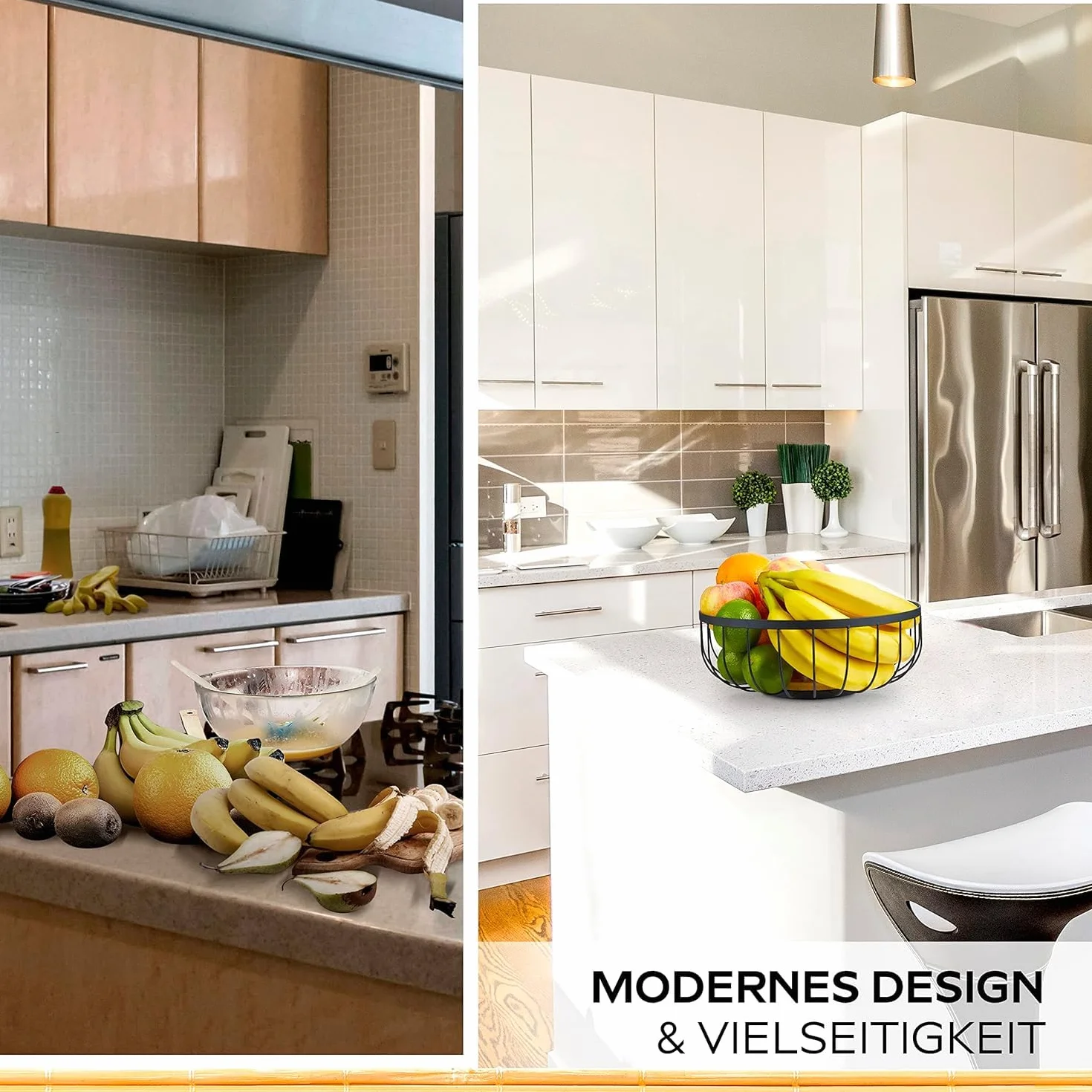 HIKITCHEN® Kosz na owoce – kosz na owoce – miska metalowa i bambusowa – miska na owoce do kuchni i gospodarstwa domowego – uchwyt na owoce (czarny)