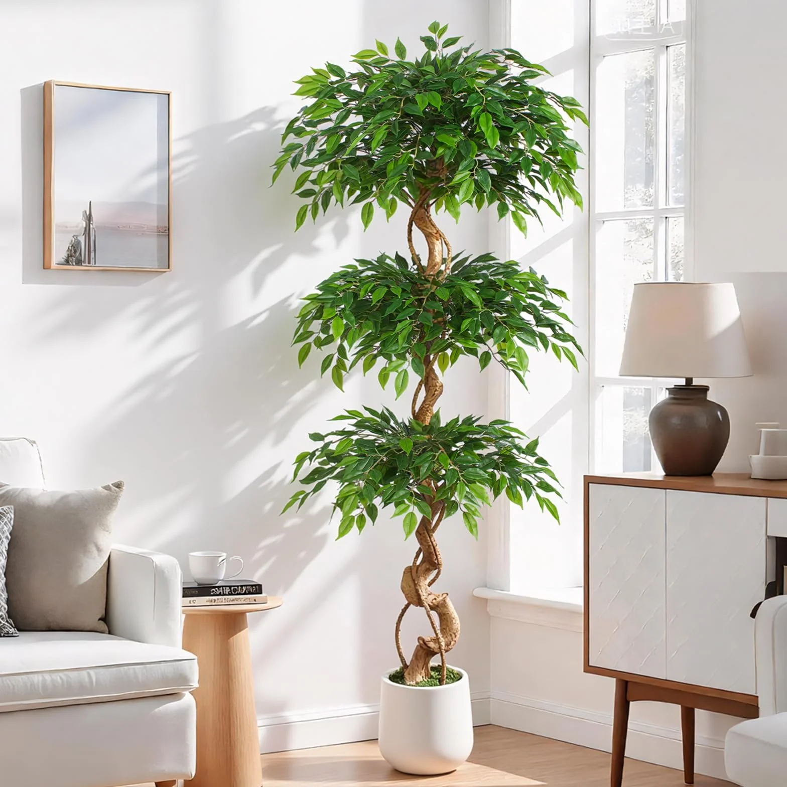 Sztuczna roślina Ficus, 180 cm, z białą doniczką, duże jak prawdziwe, z zakrzywionym pniem i 1860 liśćmi, sztuczne drzewo do dekoracji wnętrz, salonu, sypialni, biura, ogrodu, domu