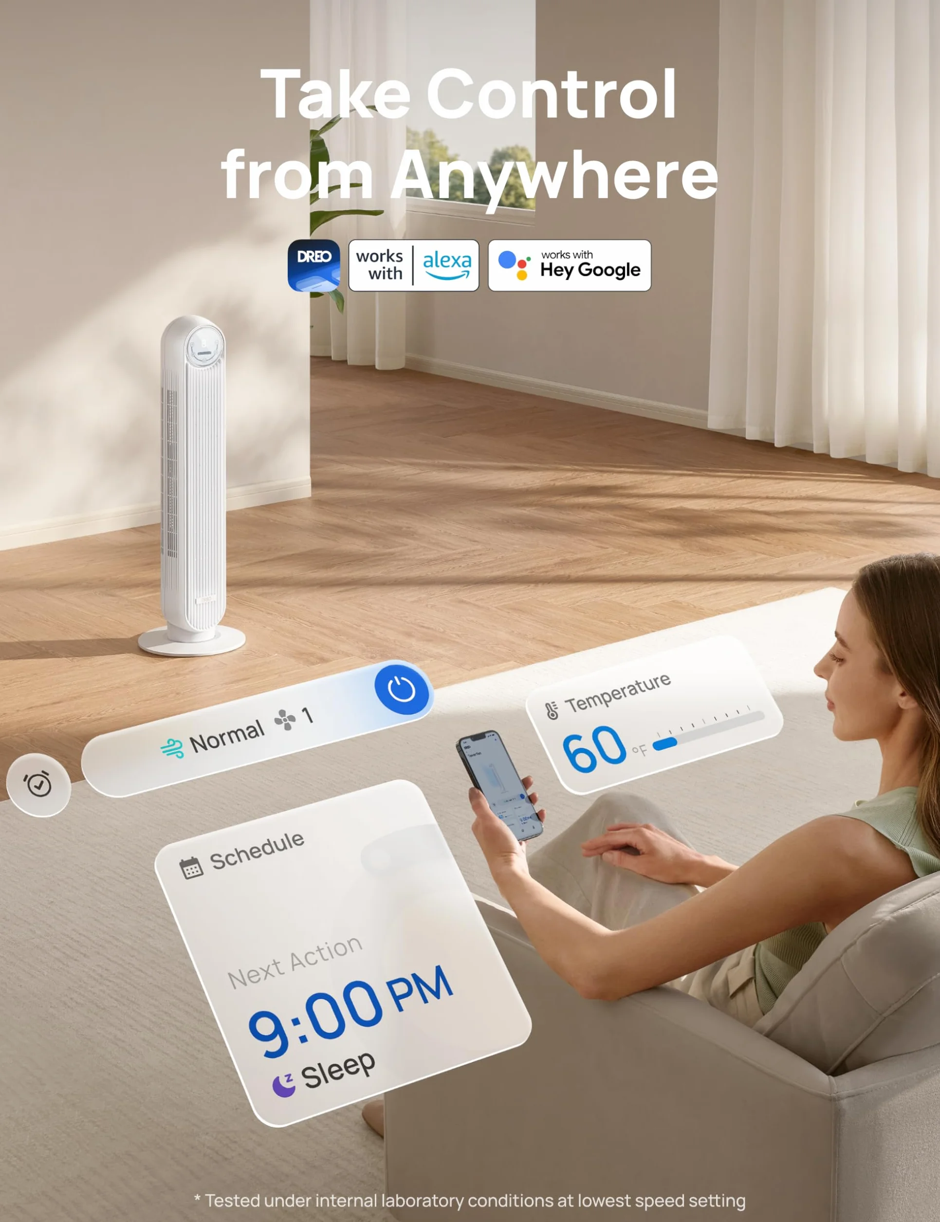 Dreo Inteligentny wentylator kolumnowy 20 dB, zasięg wyrzutu 10 m, 4 poziomy prędkości, 4 tryby pracy, 8 godzin, timer, 90°, z chłodzeniem, Wi-Fi i pilotem zdalnego sterowania, do sypialni, Nomad OneS
