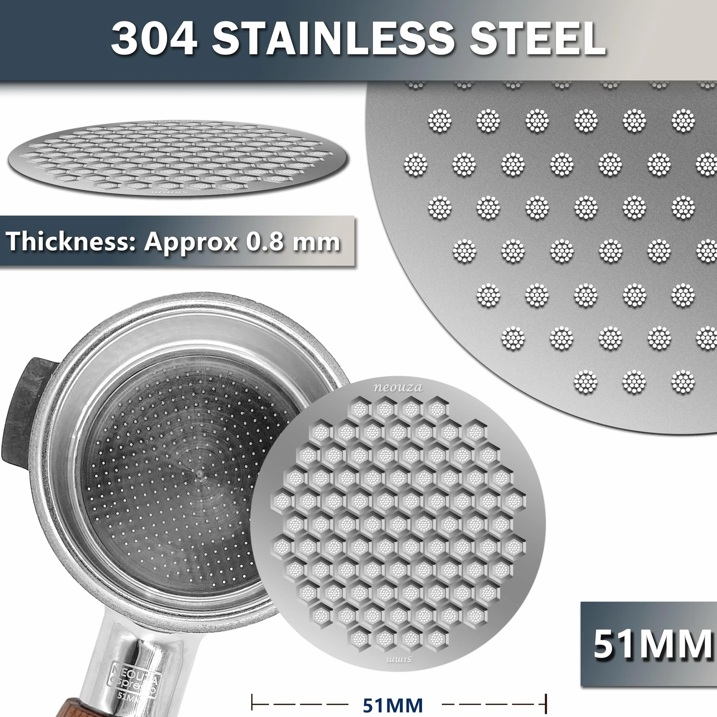 NEOUZA V4 Krążek do espresso, grubość 0,8 mm, siatka o strukturze plastra miodu, dwuwarstwowa, stal nierdzewna, do kosza portafiltra, 1 szt., srebrny, 51 mm